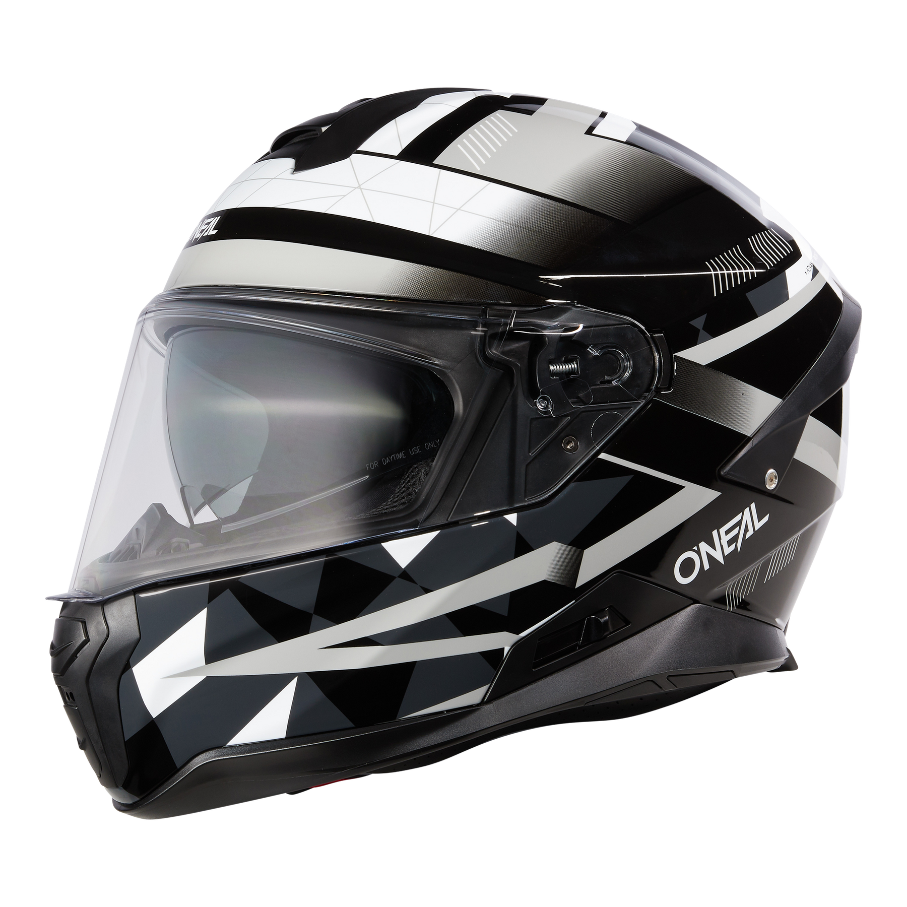 Der O'NEAL CHALLENGER Helm EXO ist ein schwarz-weißer Integralhelm mit geometrischen Mustern und einem klaren Visier, das von der Seite auf einem transparenten Hintergrund dargestellt wird.
