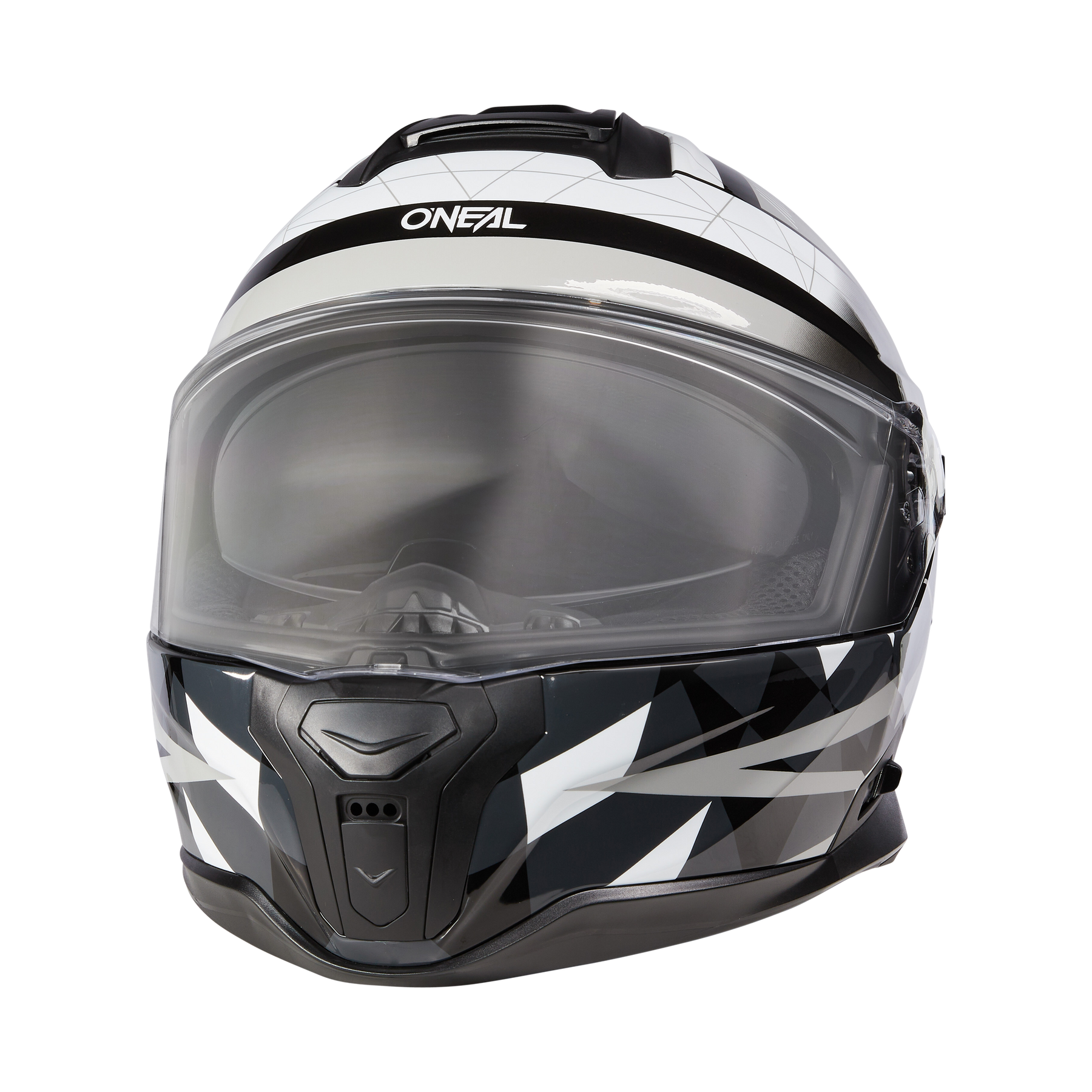 Der O'NEAL CHALLENGER Helm EXO ist ein Vollvisierhelm für Ihr Fahrrad mit einem geometrischen Muster in Schwarz, Weiß und Grau, einem klaren Visier und dem O'NEAL-Logo auf der Stirn.