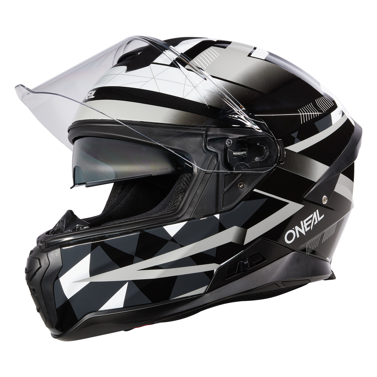 Der O'NEAL CHALLENGER Helm EXO ist ein stilvoller Vollvisier-Motorradhelm in schwarzem, weißem und grauem geometrischen Design mit klarem Visier und dem O'NEAL-Logo an der Seite.