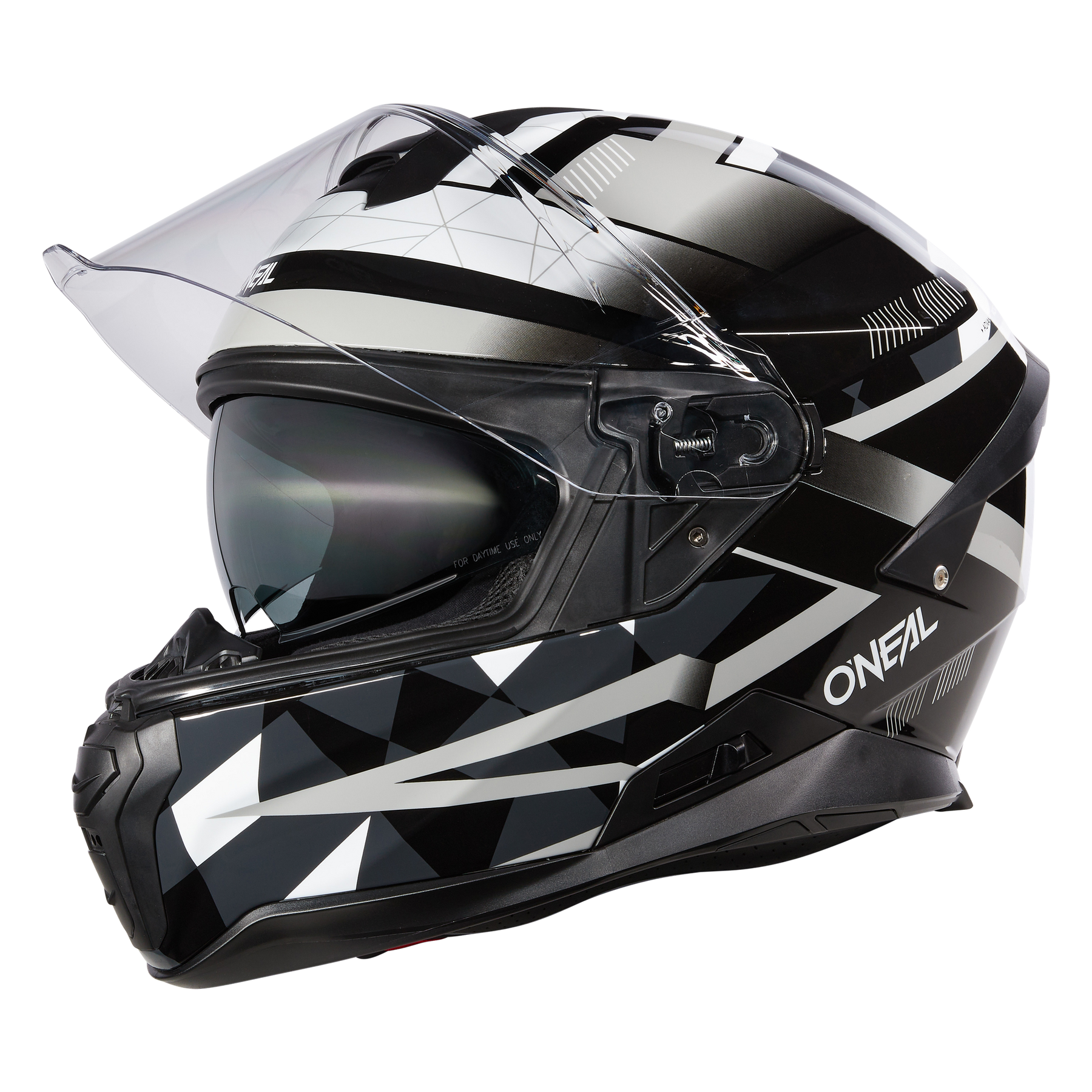 Der O'NEAL CHALLENGER Helm EXO ist ein schwarz-weißer Fahrradhelm mit geometrischen Mustern, einem klaren Visier und dem Schriftzug O'NEAL" an der Seite.