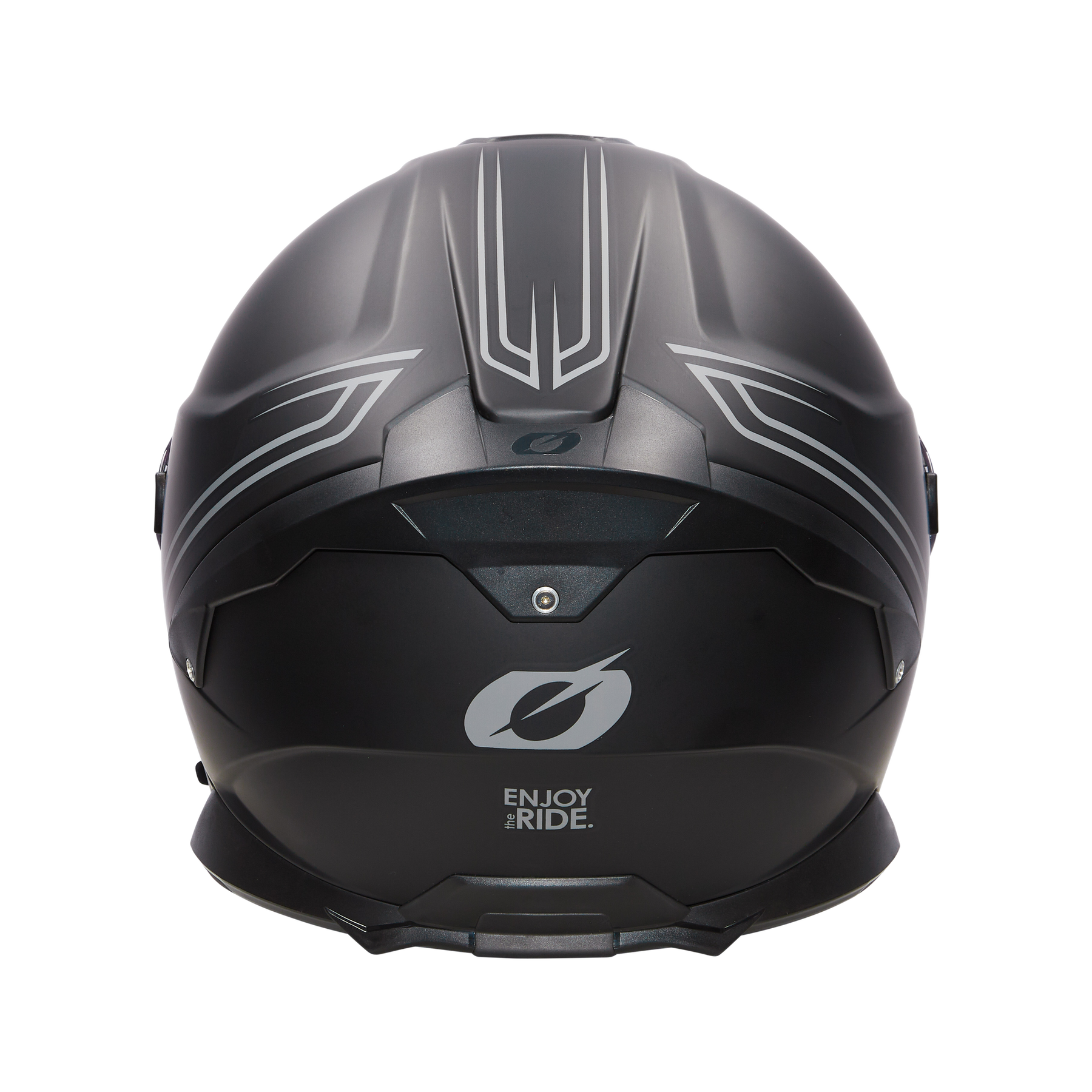 Der O'NEAL CHALLENGER Helm SOLID in mattem Schwarz ist von hinten abgebildet und wird durch silberne geometrische Akzente und das "ENJOY THE RIDE"-Logo an der Basis hervorgehoben - ideal für jeden Fahrradliebhaber.