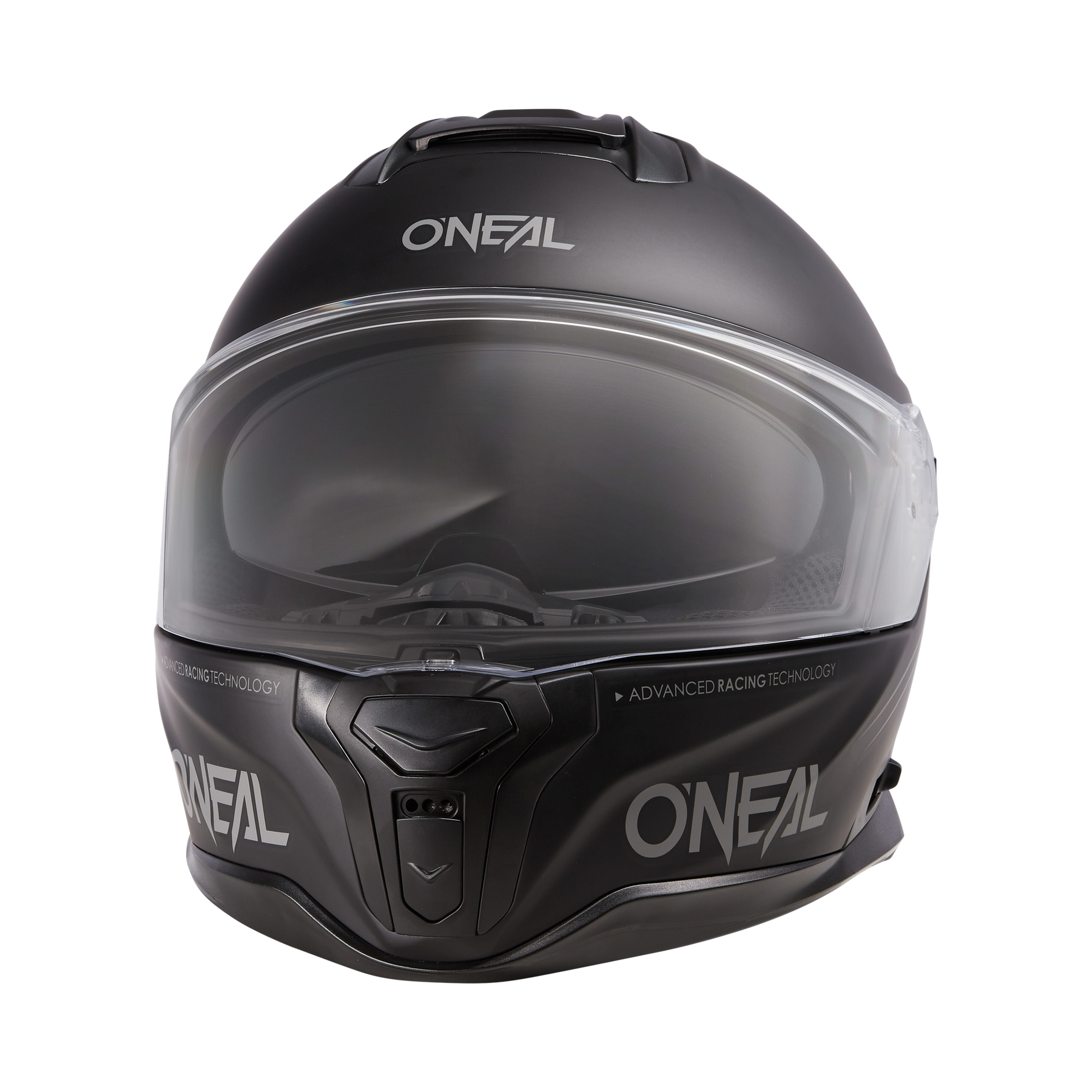 Der O'NEAL CHALLENGER Helm SOLID ist ein mattschwarzer Integralhelm mit klarem Visier, weißen O'NEAL-Logos und "Advanced Racing Technology"-Schriftzug auf der Vorderseite und an den Seiten - ideal für Motorradfans.