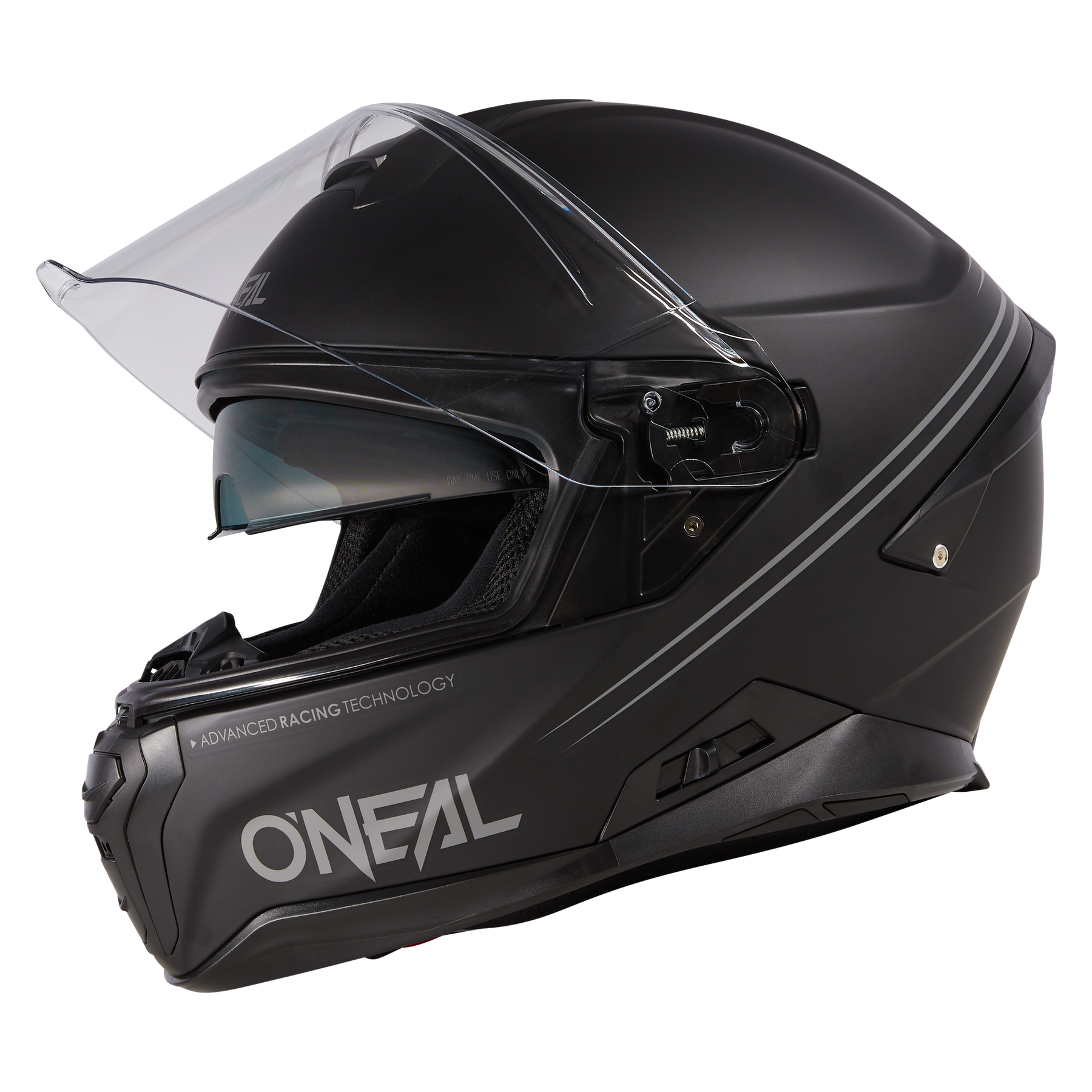 Der O'NEAL CHALLENGER Helm SOLID ist ein mattschwarzer Vollvisier-Motorradhelm mit klarem Visier, kantigen Details und weißem O'NEAL-Branding im Seitenprofil auf weißem Hintergrund - perfekt für Motorradfans.