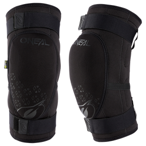 Zwei schwarze O'NEAL DIRT Knieschützer mit verstellbaren Trägern, Frontpolsterung und dezenten geometrischen Mustern für Sport oder Schutz. Abgebildet von O'NEAL aus der Vorder- und Seitenansicht auf einem einfarbigen Hintergrund.