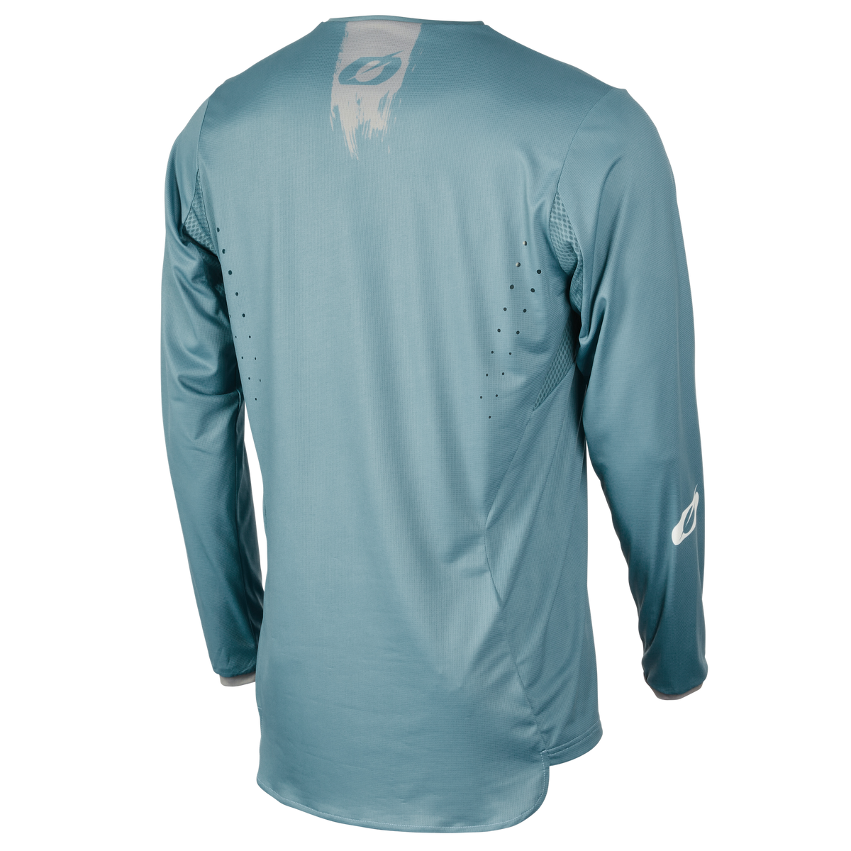 Das O'NEAL ELEMENT FR Jersey HYBRID von O'NEAL ist ein langärmeliges, hellblaues MTB-Trikot mit Mesh-Belüftungseinsätzen, kleinen Perforationen am Rücken und an den Unterarmen sowie einem weißen Logo auf dem oberen Rücken und dem linken Ärmel.