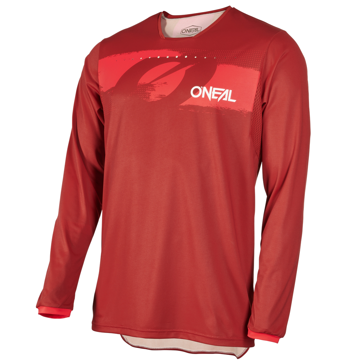 Das O'NEAL ELEMENT FR Jersey HYBRID ist ein rotes Langarm-MTB-Trikot mit grafischem Design und O'NEAL-Logo auf der Brust, ideal für Enduro- oder Downhill-Fahrten, auf einfarbig weißem Hintergrund.