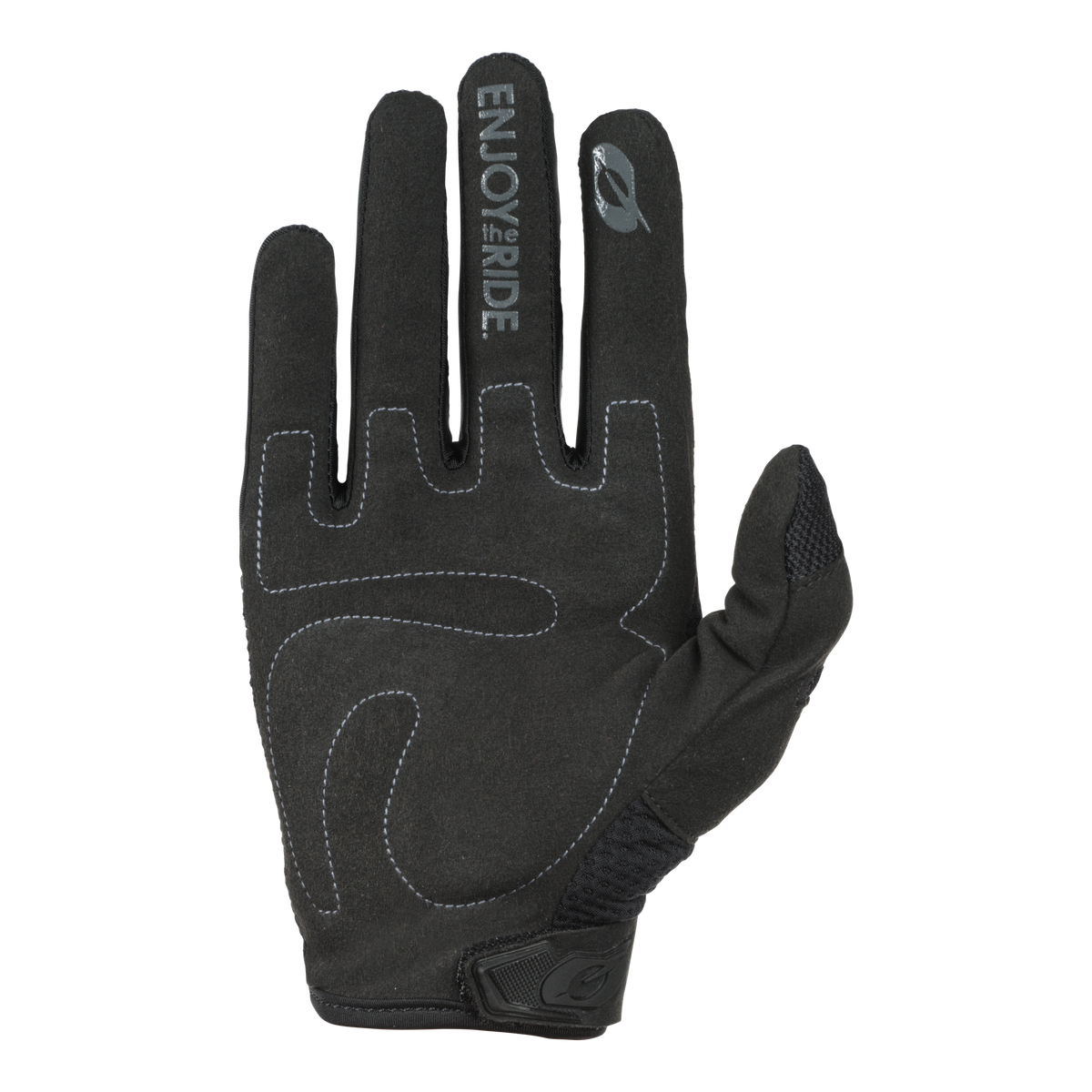Le gant O'NEAL ELEMENT RACEWEAR, un gant noir avec des coutures blanches, l'inscription "ENJOY the RIDE" et un petit logo en forme de feuille sur l'index, est présenté paume vers le haut - un choix stylé pour le VTT.