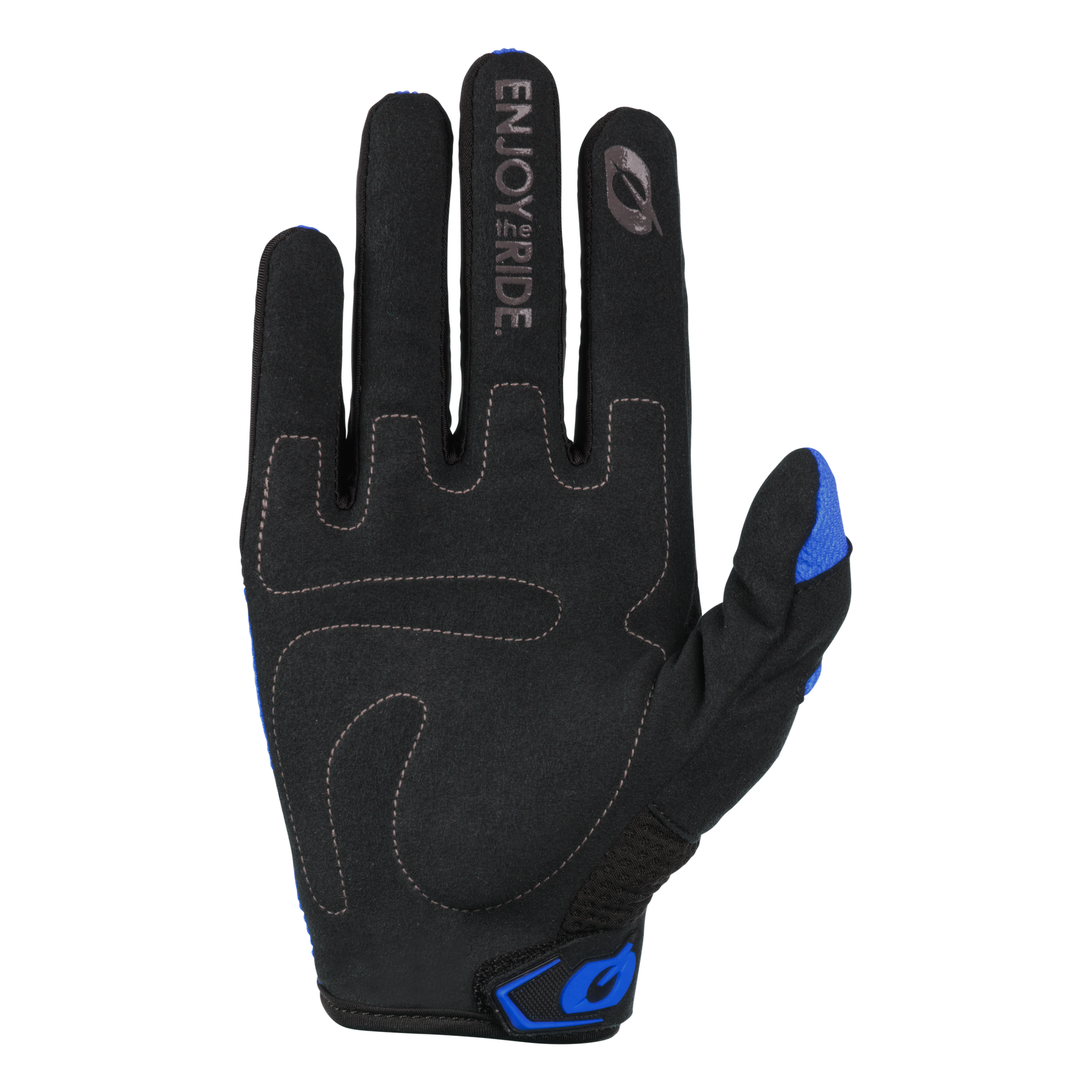 Der O'NEAL ELEMENT Handschuh RACEWEAR ist ein schwarz-blauer Handschuh mit weißen Nähten, dem Schriftzug ENJOY THE RIDE" auf dem Zeigefinger und einem Klettverschluss am Handgelenk - ideal als Mountainbike-Handschuh für mehr Komfort und Grip.