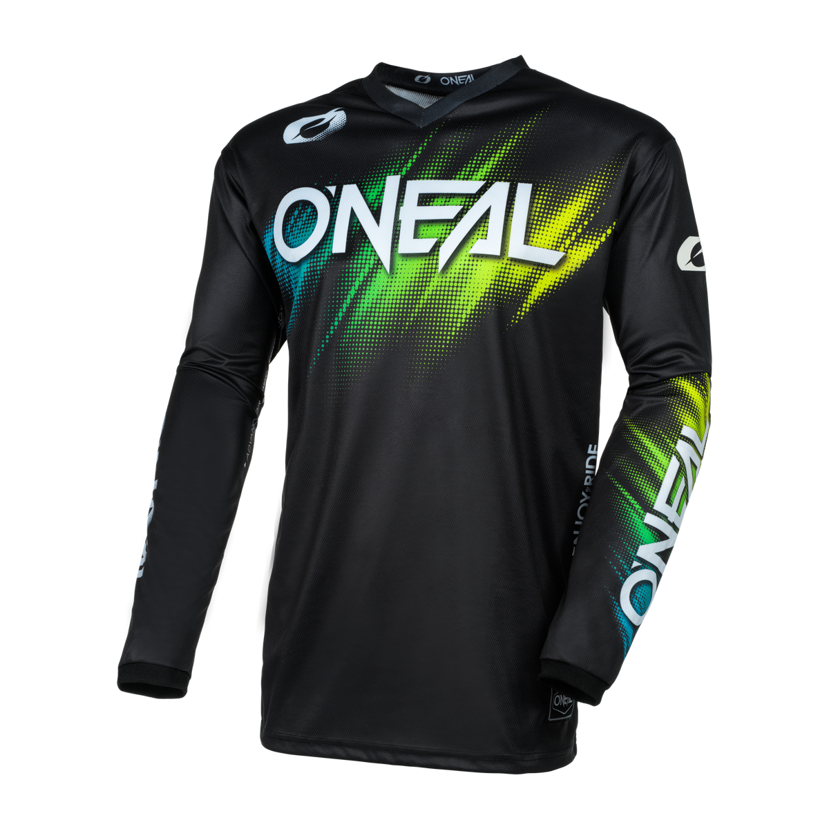 Das O'NEAL ELEMENT Jersey VOLTAGE ist ein langärmeliges, schwarzes Motocross-Trikot mit grünen, blauen und gelben Farbverlaufsstreifen, auffälligem O'NEAL-Branding und atmungsaktivem Material für optimalen Sitz und Komfort.