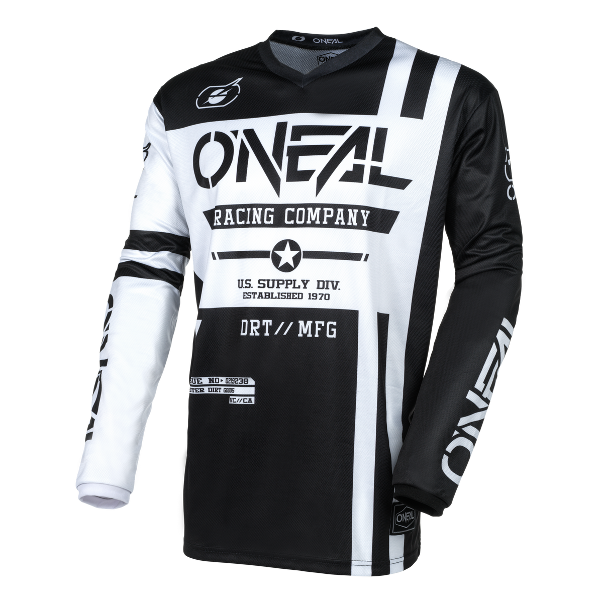 Das O'NEAL ELEMENT Jersey WARHAWK ist ein schwarz-weißes langärmeliges Radtrikot mit auffälligen geometrischen Mustern, dem Schriftzug "O'Neal Racing Company", verschiedenen Logos und Streifen sowie atmungsaktivem Material für optimalen Komfort.