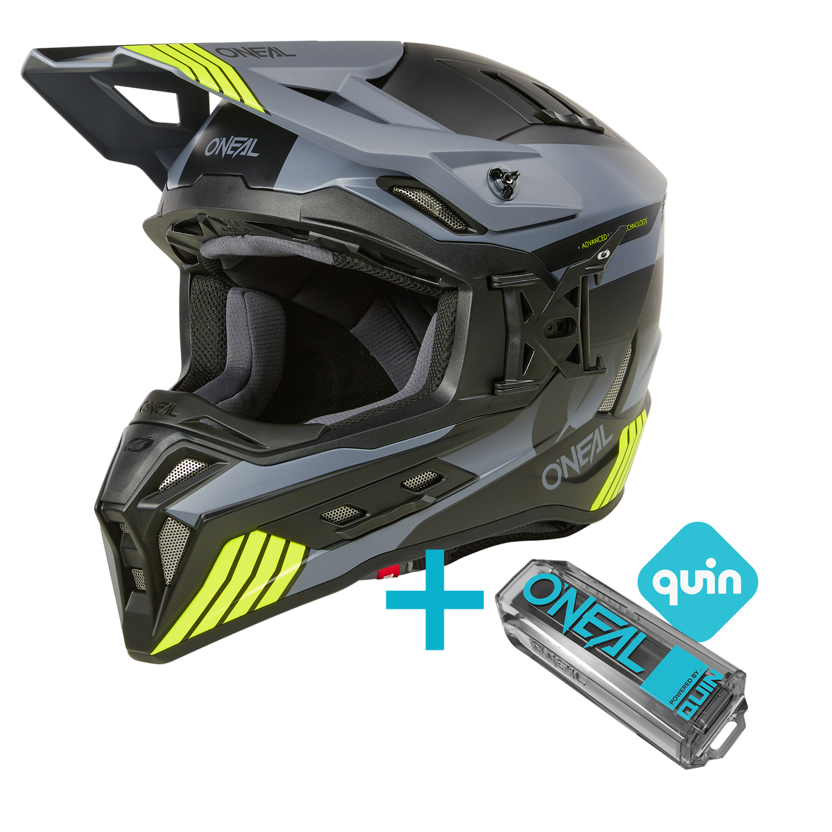 Das O'NEAL EX-SRS Hitch Quin Bundle besteht aus einem grau-schwarzen Helm mit gelben Akzenten, der neben einem Quin Pro Smart Sensor und einem blauen Quin-Logo abgebildet ist.