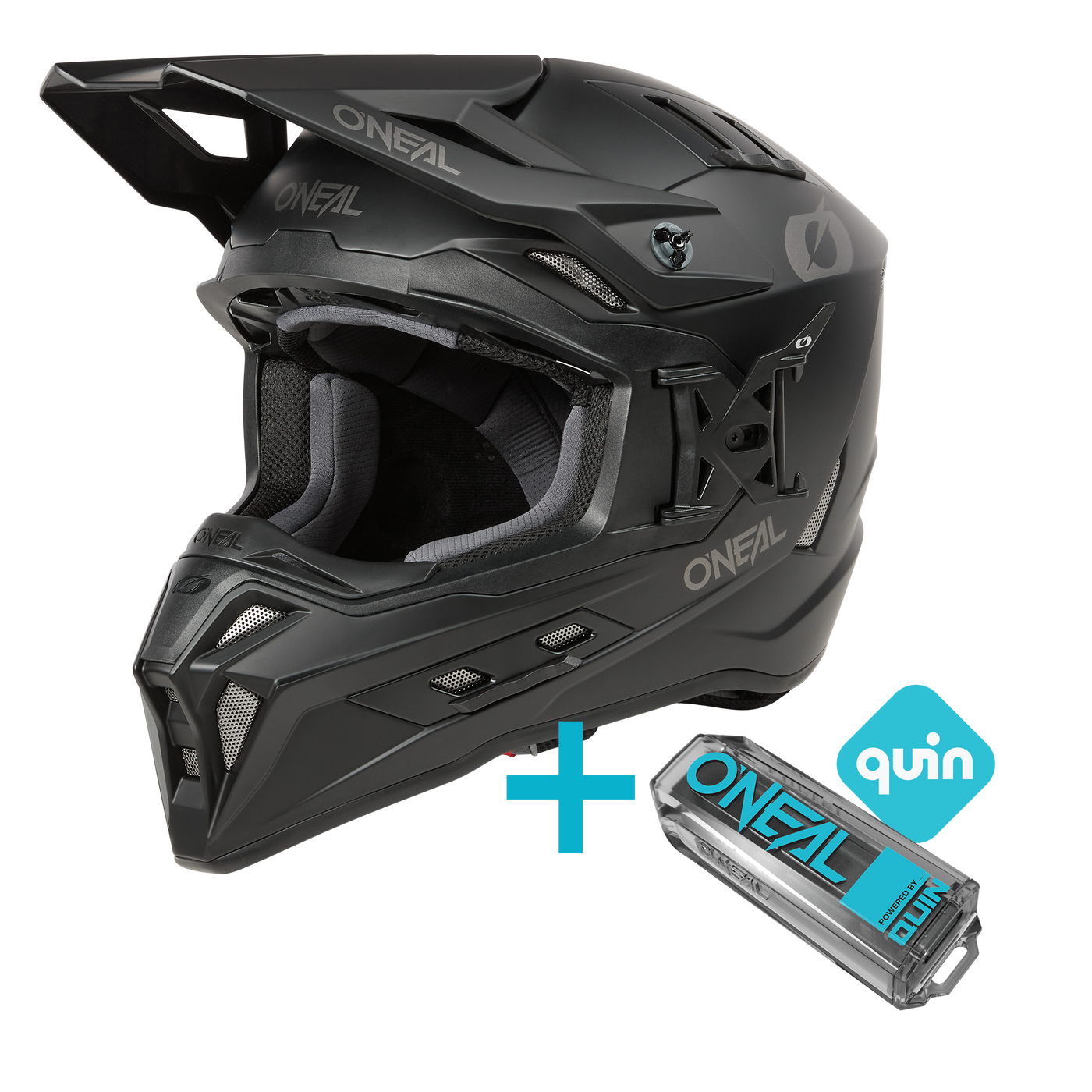 The O'NEAL EX-SRS Solid Quin Bundle full-face helmet is pictured next to a blue and black Quin device that emphasizes its compatibility with Quin Pro Smart Sensor safety technology.