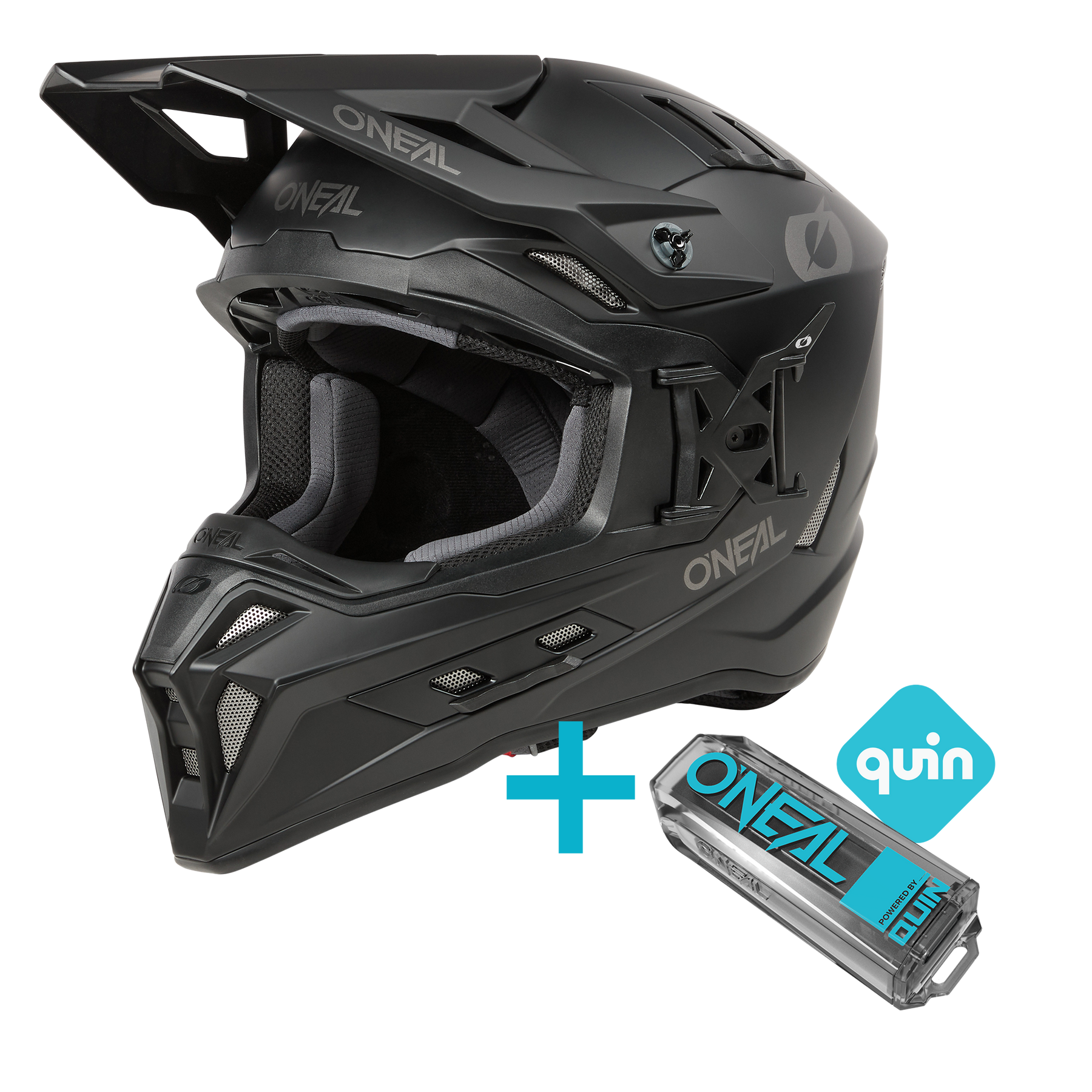 Der Vollvisierhelm O'NEAL EX-SRS Solid Quin Bundle ist neben einem blau-schwarzen Gerät von Quin abgebildet, das seine Kompatibilität mit der Sicherheitstechnologie Quin Pro Smart Sensor unterstreicht.
