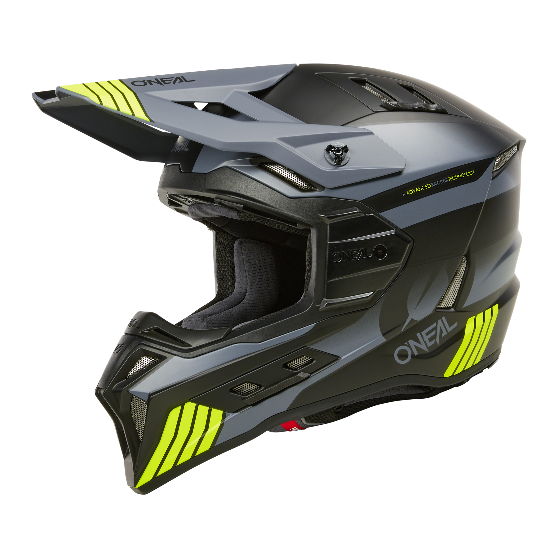 Der O'NEAL EX-SRS Helm HITCH in Schwarz und Grau mit gelben Akzenten bietet Schutz für das ganze Gesicht, ein Visier, aerodynamisches Design und das O'NEAL-Logo - ideal für intensive Fahrsessions.