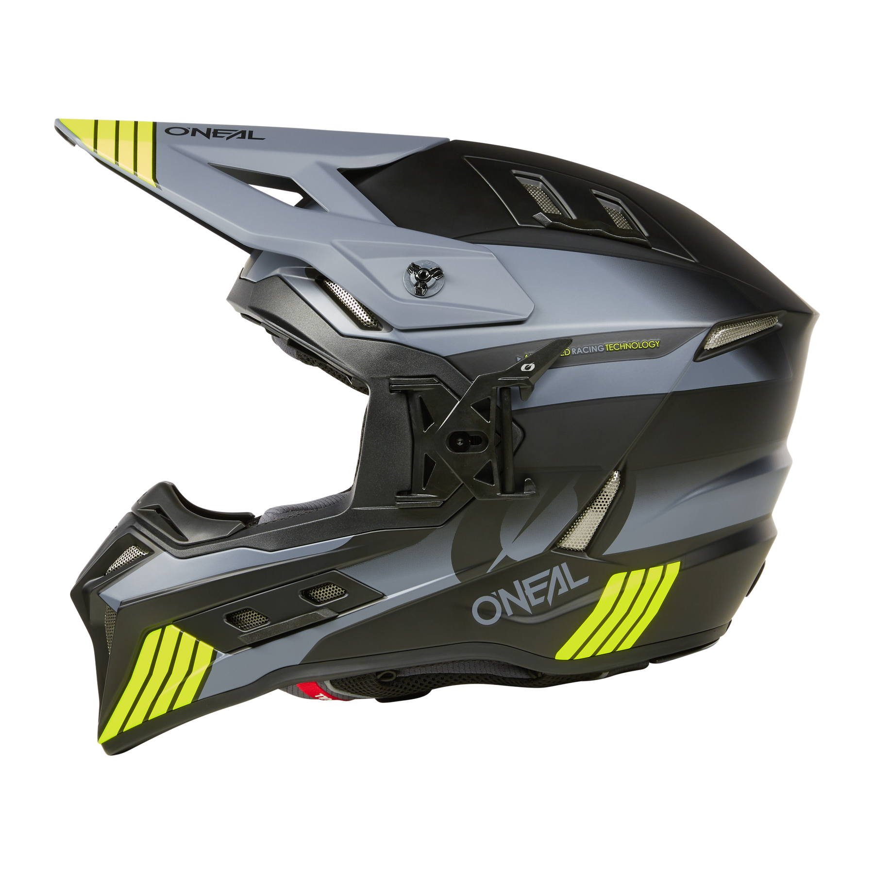 Der O'NEAL EX-SRS Helmet HITCH ist ein eleganter, schwarz-grauer Offroad-Motorradhelm mit neongelben Akzenten. Er verfügt über Belüftungsöffnungen, Airflaps für zusätzlichen Komfort, ein Sonnenvisier und den Markennamen „O'Neal“ auf der Seite – perfekt für ganztägige Fahrsessions.