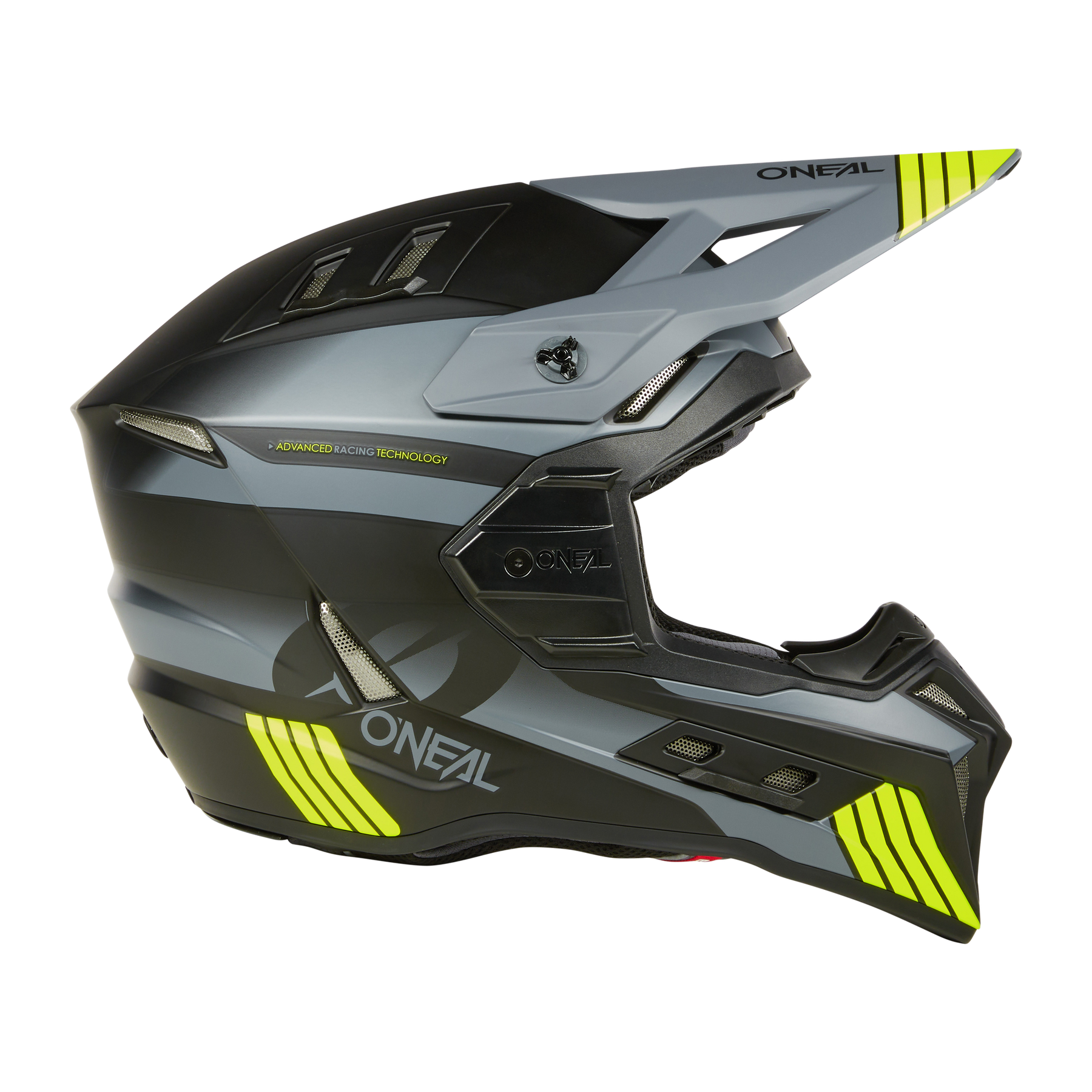 Der O'NEAL EX-SRS Helm HITCH ist ein schwarz-grauer Motocross-Helm mit scharfkantigem Design, gelben Akzenten, seitlichem O'NEAL-Logo, Belüftungsschlitzen, Airflaps für die Luftzirkulation und einem robusten Kinnschutz - ideal für intensive Fahrten.