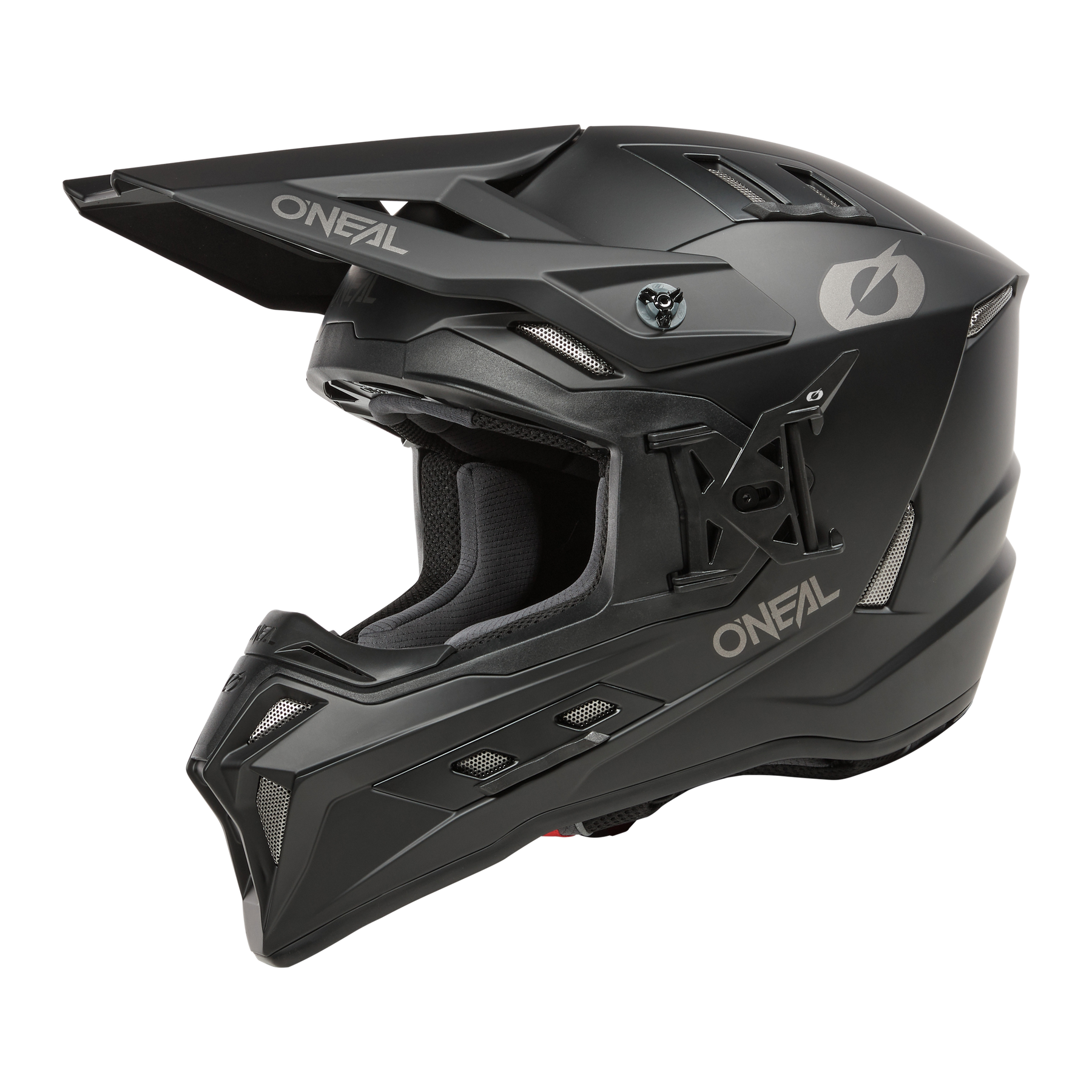Der O'NEAL EX-SRS Helm SOLID in mattem Schwarz verfügt über ein Visier, ein kantiges Design und Belüftungspaneele für kühle Fahrten, mit dem O'NEAL-Logo an der Seite und auf der Vorderseite.