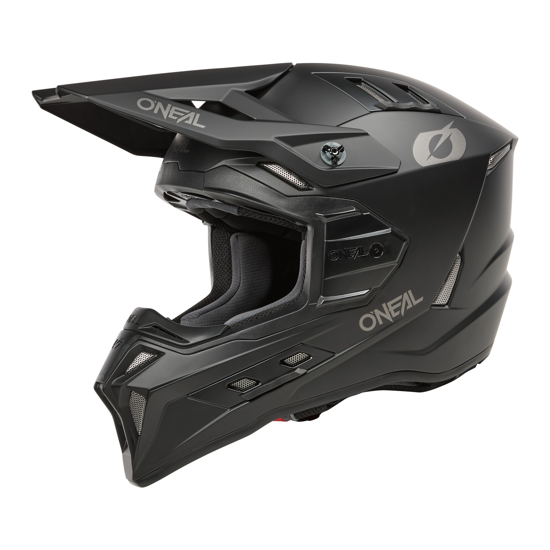 Der O'NEAL EX-SRS Helm SOLID ist ein mattschwarzer Integralhelm mit Visier, Belüftungsschlitzen, integrierten Airflaps und O'NEAL-Logo auf der Front und an der Seite. Die Innenpolsterung ist durch den offenen Gesichtsbereich sichtbar.
