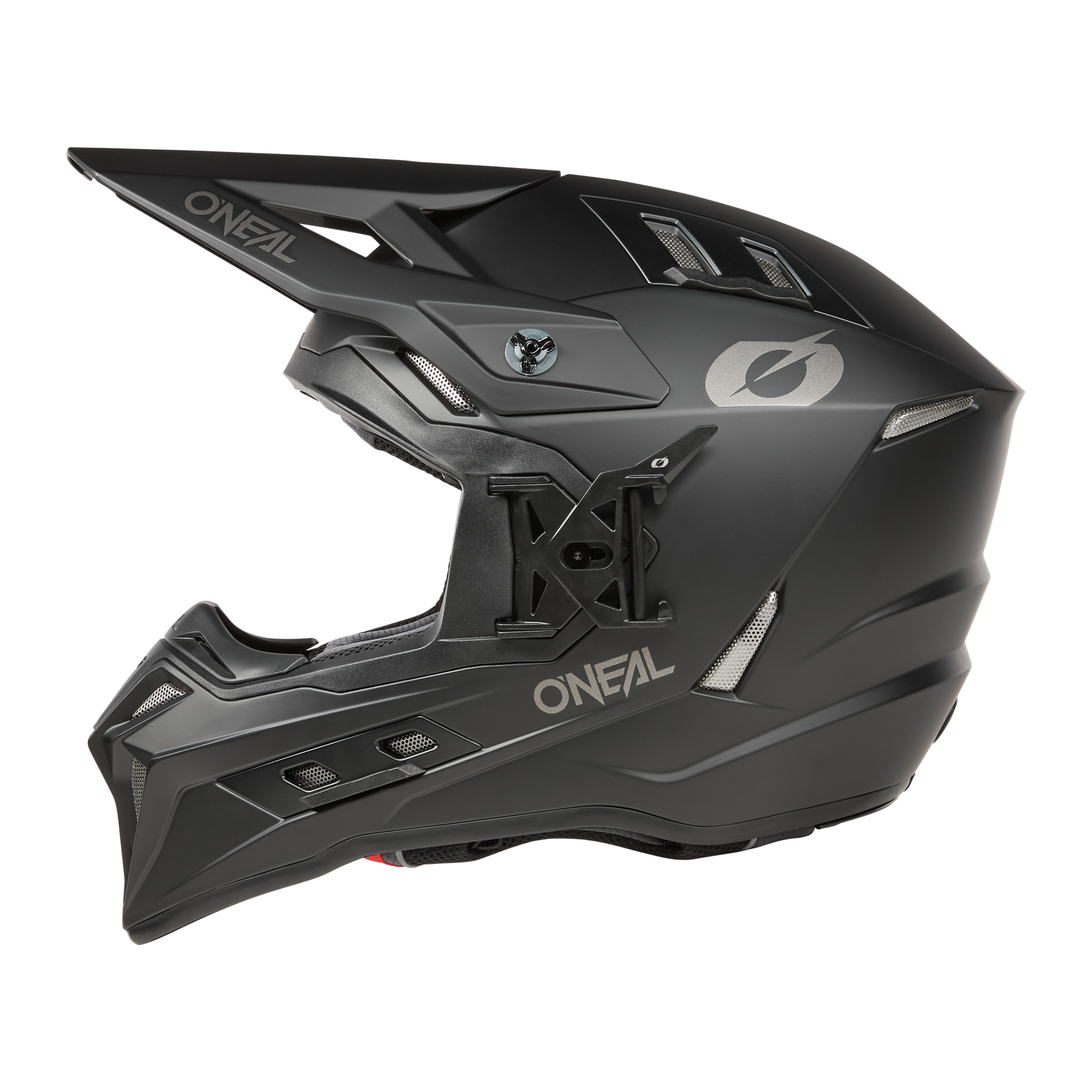Der O'NEAL EX-SRS Helmet SOLID ist ein mattschwarzer Fullface-Motocross-Helm mit aerodynamischem Design, Visier, integrierten Airflaps-Belüftungsschlitzen und auffälligem O'NEAL-Branding - perfekt für intensive Fahrsessions.