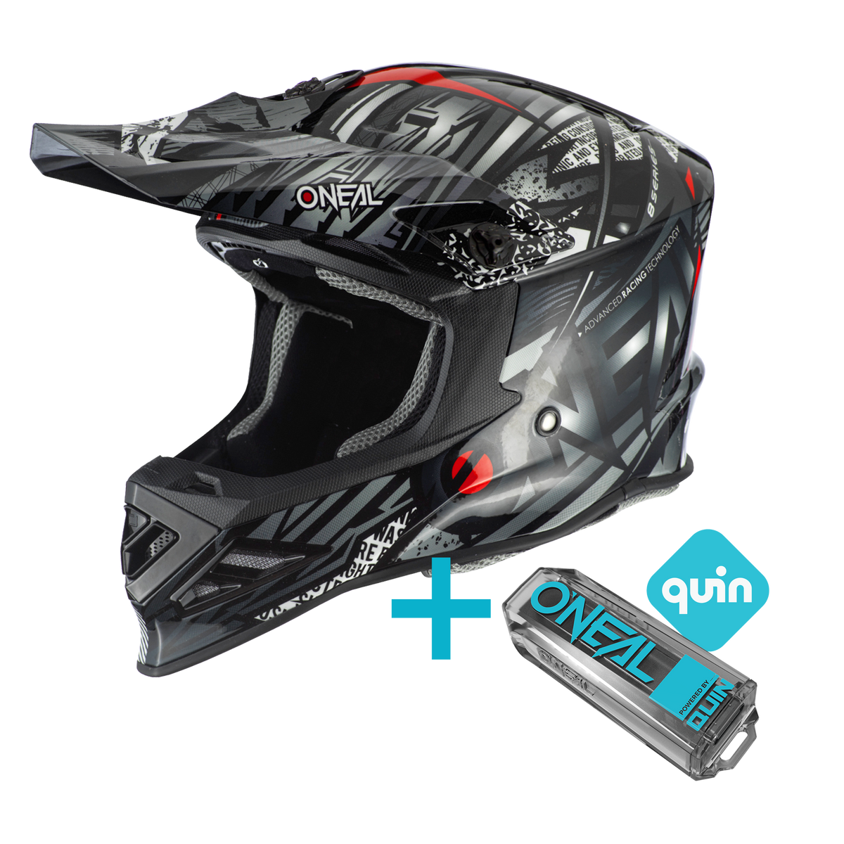 Das O'NEAL F-SRS Synthy Quin Bundle besteht aus einem schwarz-grauen Motocross-Helm mit geometrischen Mustern, intelligentem Kopfschutz und integrierter Quin Pro Smart Sensor Technologie.