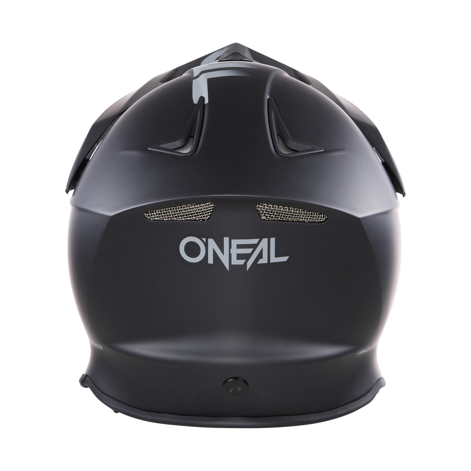 Rückansicht des schwarzen O'NEAL F-SRS Helms SOLID Quin ready mit Belüftungsöffnungen und weißem Logo. Dieser stylische Helm kombiniert Komfort mit fortschrittlichen Sicherheitsfunktionen für Ihre Fahrt.