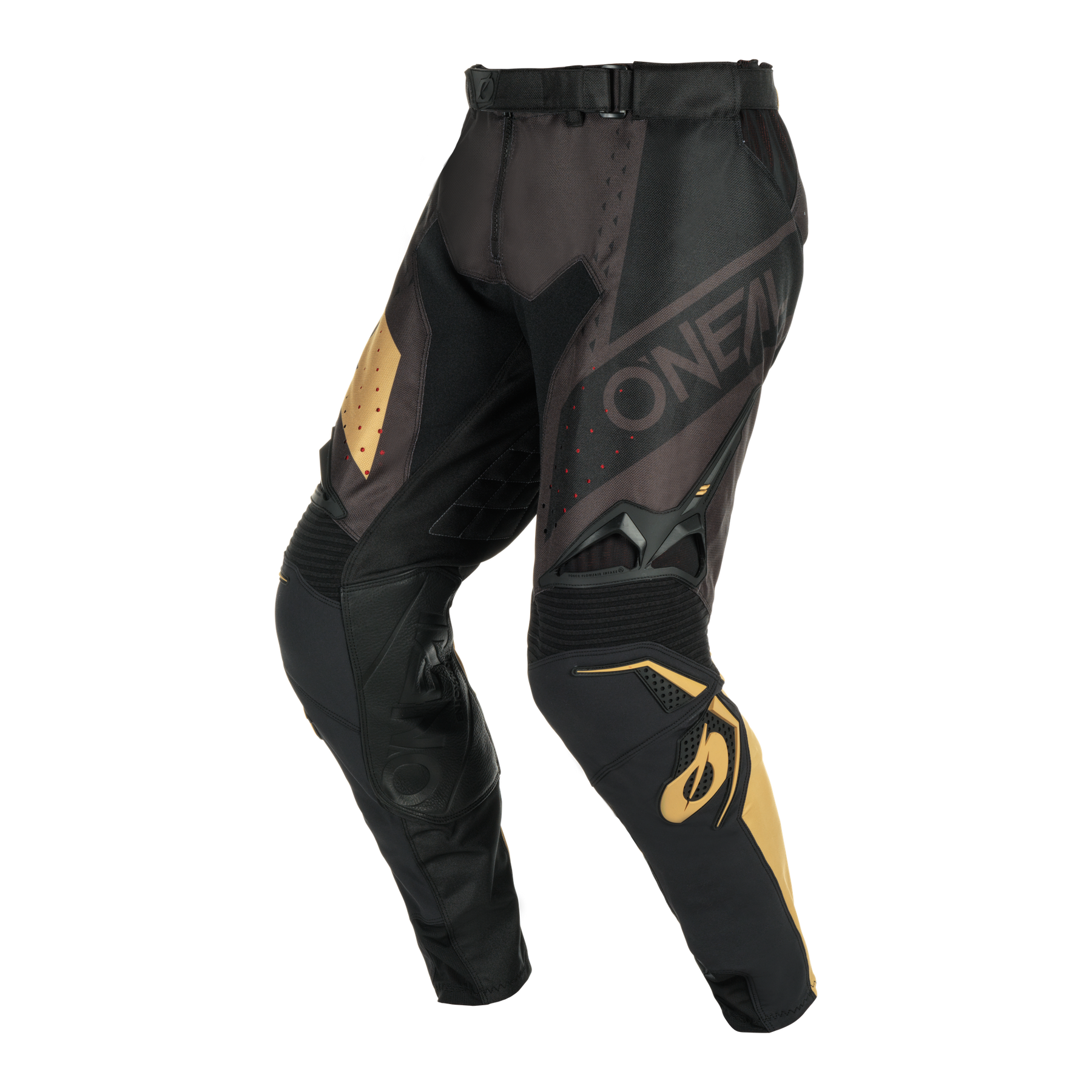 Die Hose HAZE von O'NEAL HARDWEAR zeichnet sich durch verstärkte Knie, Mesh-Belüftungseinsätze, verstellbare Hüftgurte, ein auffälliges "O'NEAL"-Branding auf dem linken Oberschenkel und ein modernes, kantiges Design in Schwarz und Gold aus.