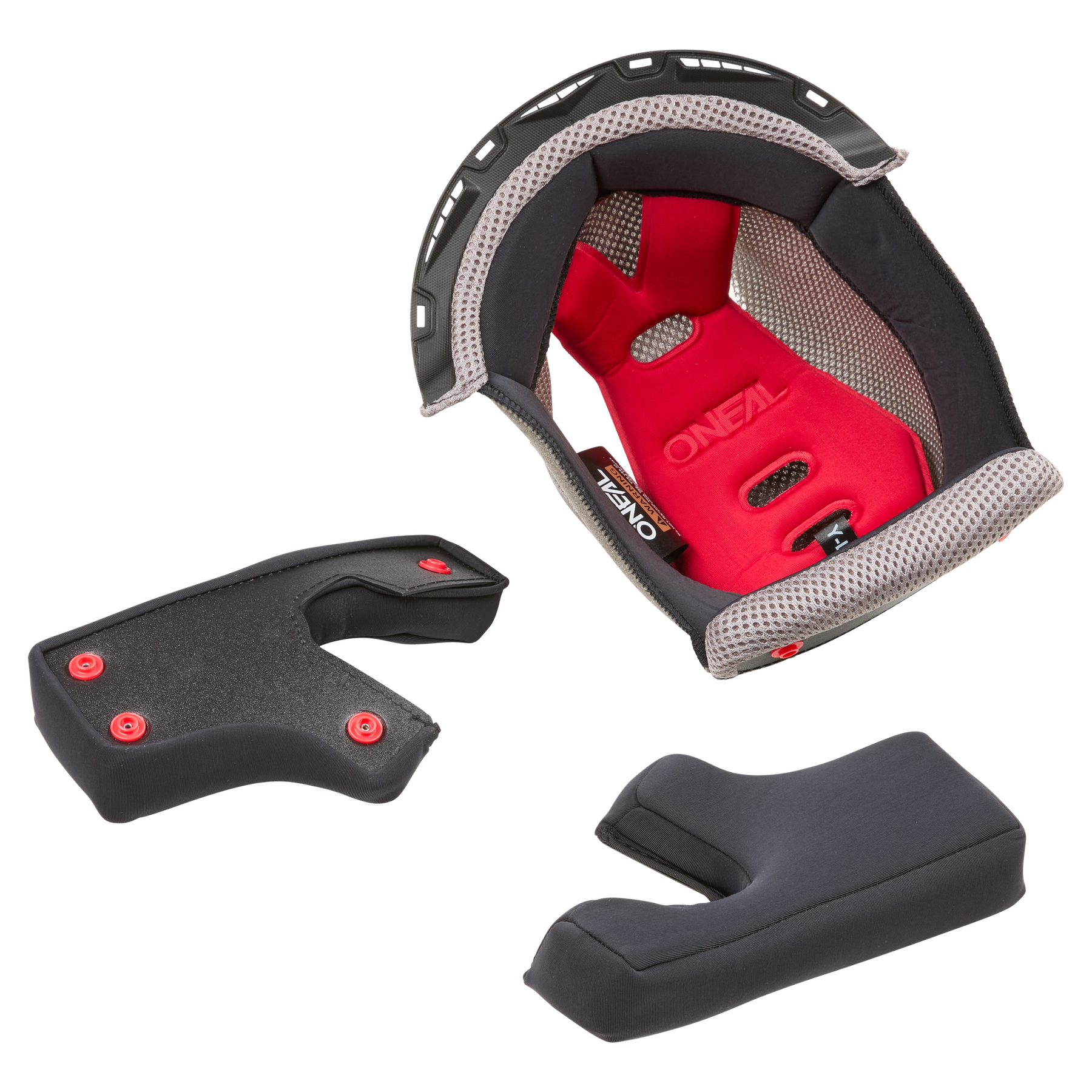 Das Set O'NEAL Liner & Cheek Pads 1SRS Youth Helmet besteht aus einem roten und grauen Innenfutter und herausnehmbaren schwarzen Innenpolstern, die nebeneinander auf weißem Hintergrund abgebildet sind.