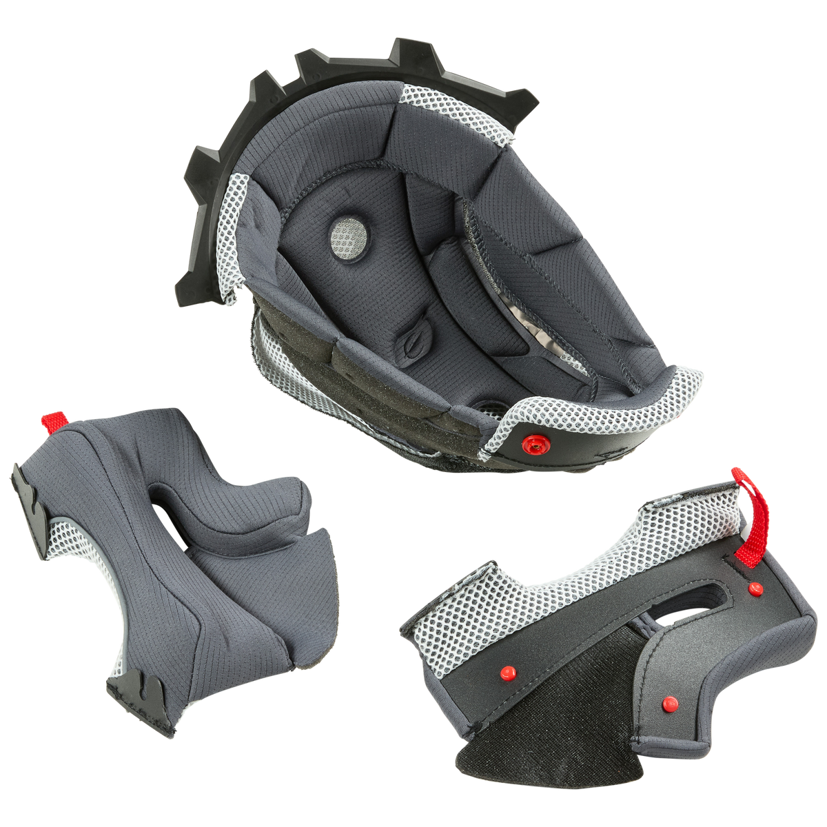 Das O'NEAL Liner & Cheek Pads 3SRS Helmset umfasst drei herausnehmbare, gepolsterte graue Liner mit schwarzen und roten Akzenten auf weißem Grund, die verschiedene Formen und Mesh-Details für Komfort und Belüftung aufweisen.