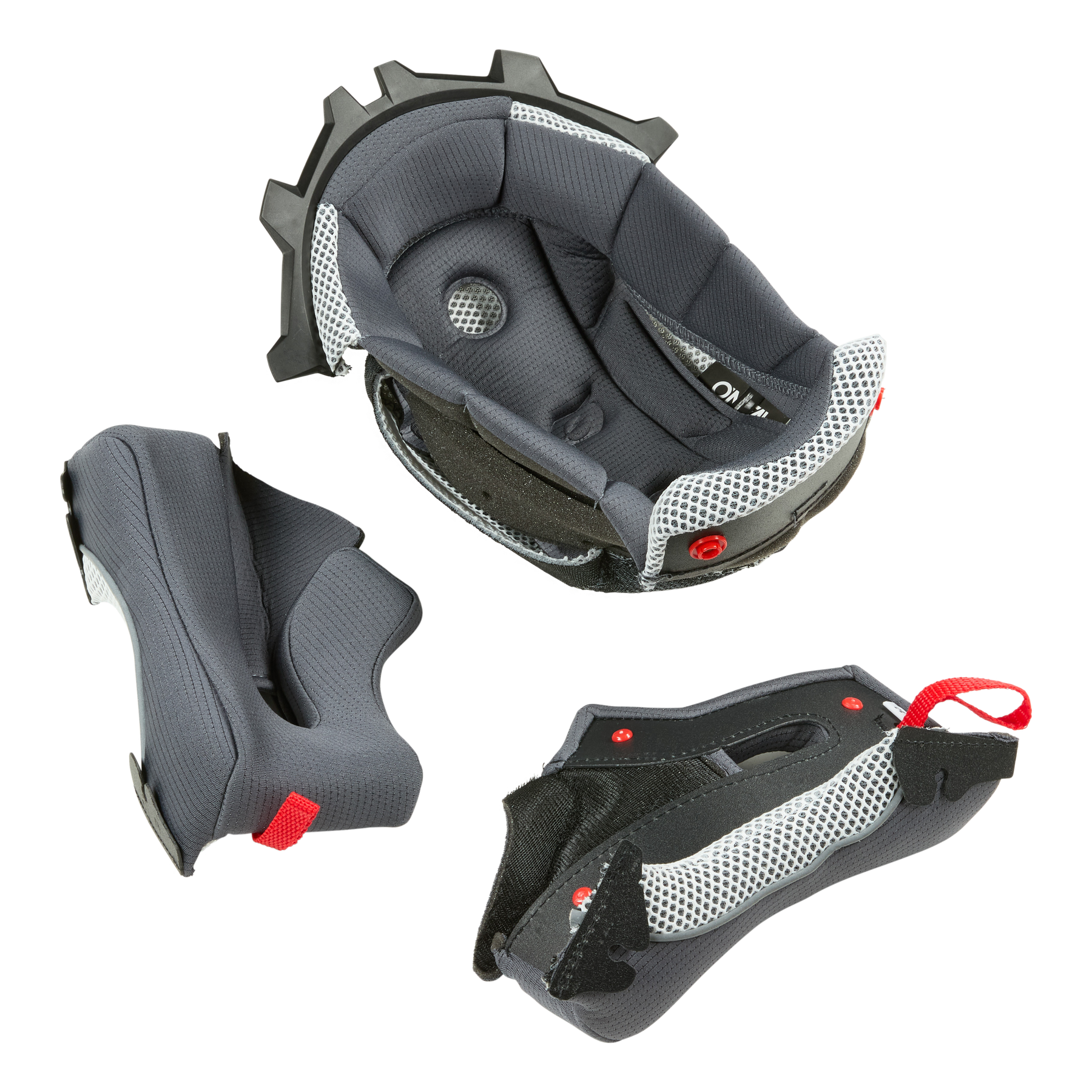 O'NEAL Liner & Cheek Pads 3SRS Jugendhelm, mit drei gepolsterten schwarzen und grauen, herausnehmbaren Innenschalen mit Mesh-Abschnitten und roten Akzenten, abgebildet auf weißem Hintergrund.