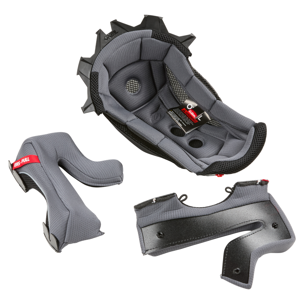 Das O'NEAL Liner & Cheek Pads EX-SRS Helmet Set enthält ein graues gepolstertes Innenfutter mit schwarzen Mesh-Rändern, zwei abnehmbare Wangenpolster und ein schwarzes inneres Stützteil - ideal, um den Innenkomfort Ihres O'NEAL-Helms zu erhöhen.