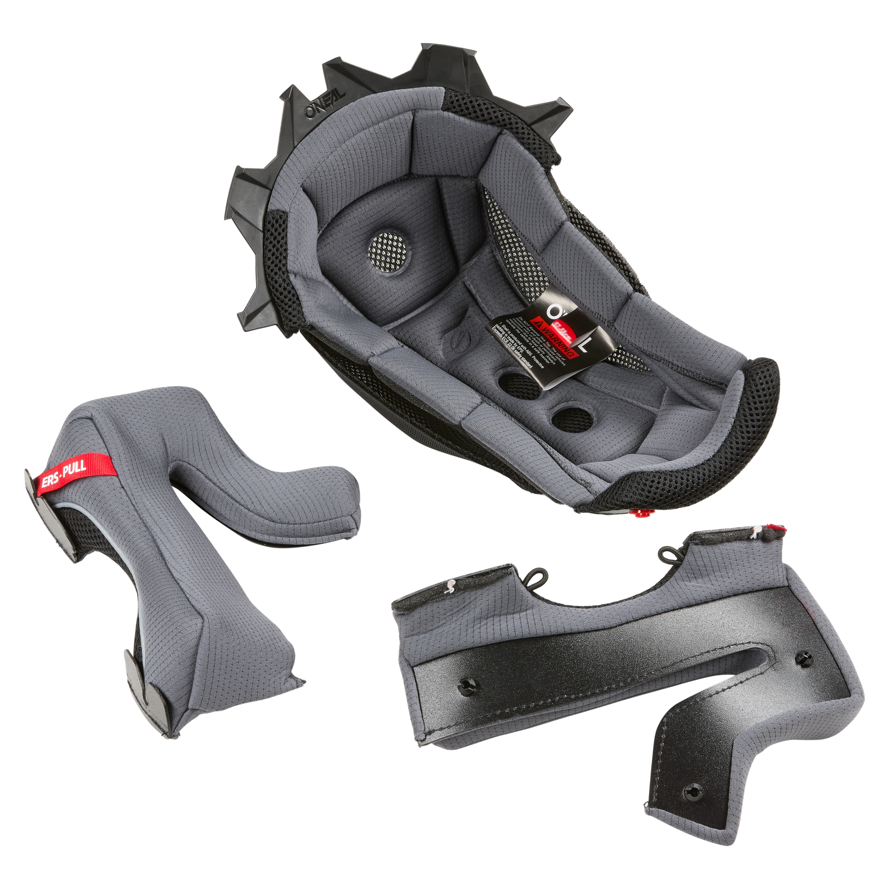 Das O'NEAL Liner & Cheek Pads EX-SRS Helmet Set enthält ein graues gepolstertes Innenfutter mit schwarzen Mesh-Rändern, zwei abnehmbare Wangenpolster und ein schwarzes inneres Stützteil - ideal, um den Innenkomfort Ihres O'NEAL-Helms zu erhöhen.