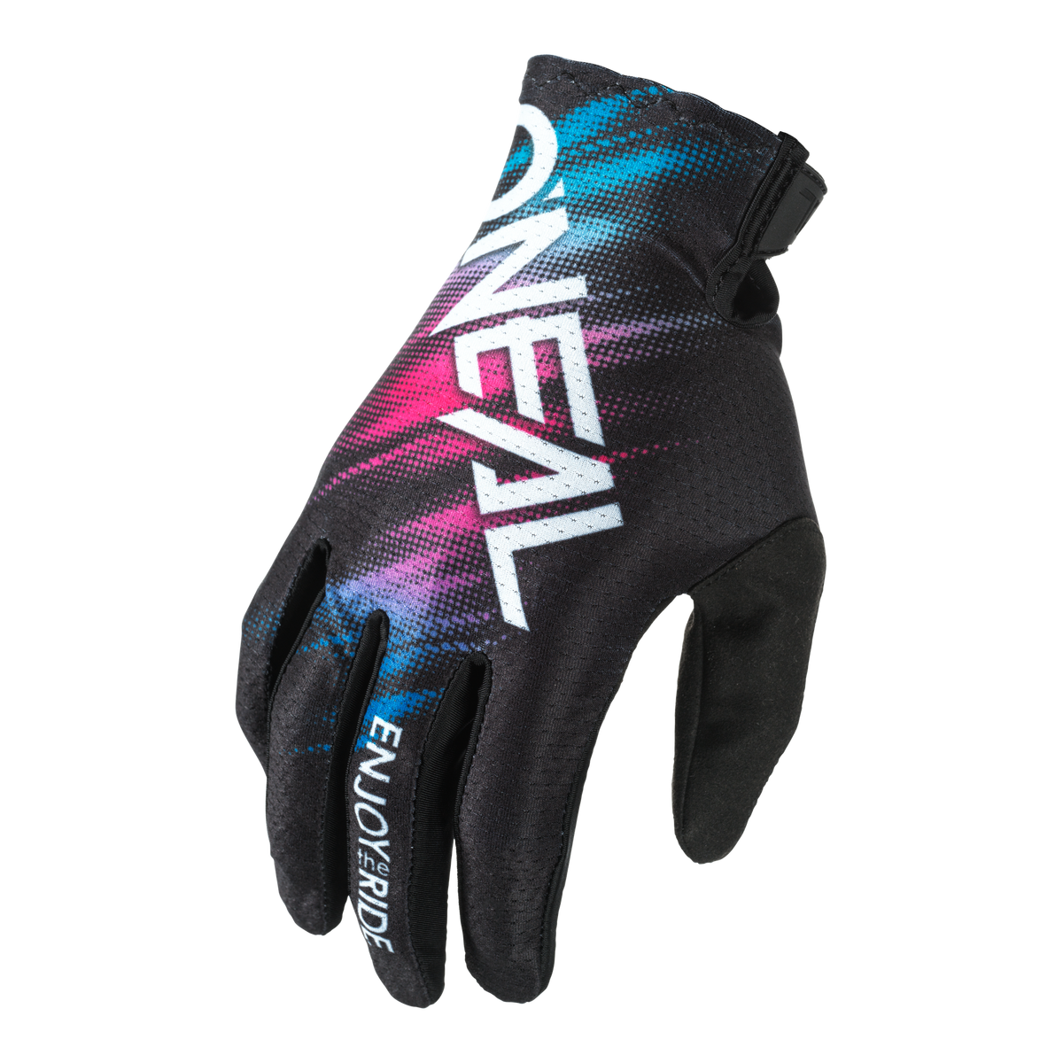 Der O'NEAL MATRIX Handschuh VOLTAGE ist ein schwarzer Mountainbike-Handschuh mit einem leuchtend blauen und rosafarbenen, abstrakten Design. Auf dem Handrücken ist der Schriftzug "O'NEAL" und auf dem Zeigefinger "ENJOY THE RIDE" aufgedruckt.