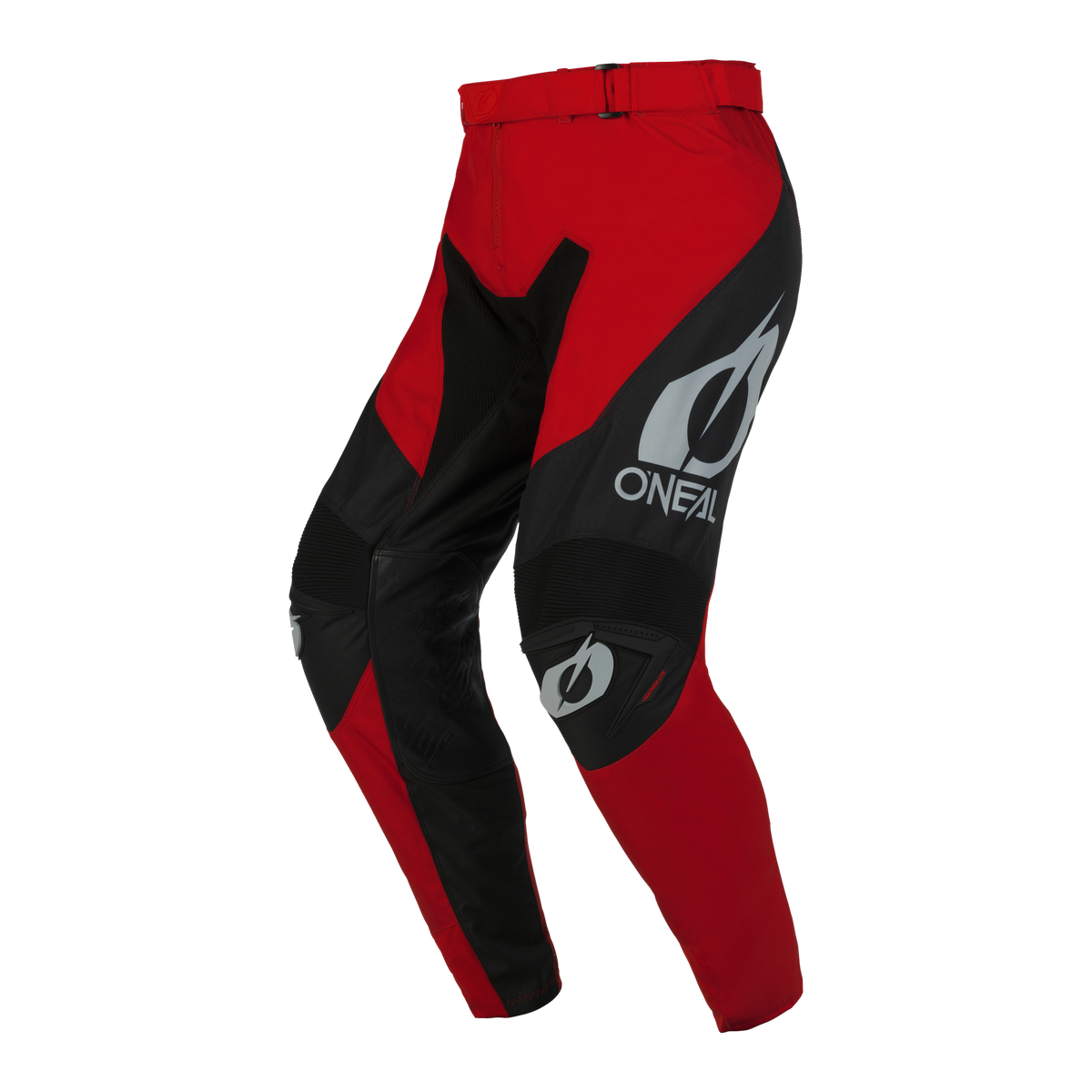 Die O'NEAL MAYHEM Hose HEXX zeichnet sich durch ein rot-schwarzes Design mit schwarzen Akzenten und weißen O'NEAL-Logos am Oberschenkel und am Knie aus atmungsaktivem Material aus, das auf einem schlichten weißen Hintergrund abgebildet ist.