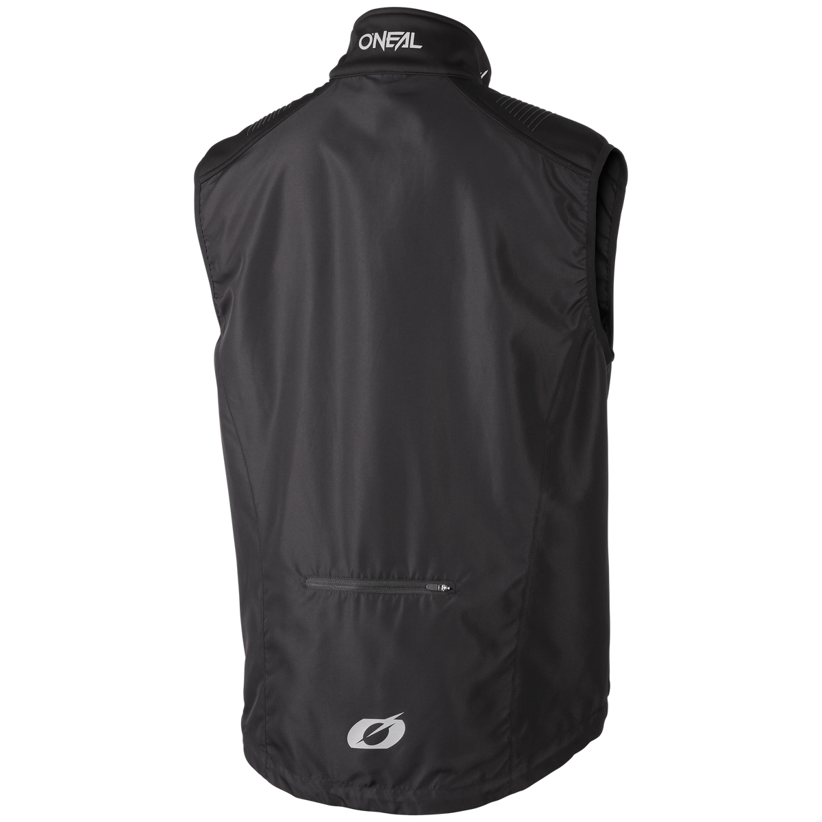 Die O'NEAL MTB Vest PRO ist eine schwarze, ärmellose Weste (von hinten) mit einer kleinen Reißverschlusstasche und O'NEAL-Logos am Kragen und am unteren Rücken - perfekt für Mountainbike-Abenteuer.
