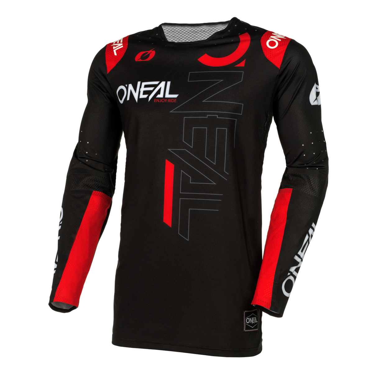 Das O'NEAL PRODIGY Jersey FIVE THREE ist ein schwarz-rotes Langarmtrikot mit "ONEAL"-Schriftzug, Mesh-Einsätzen und einem taillierten Design für hohe Leistung bei jedem Radabenteuer.