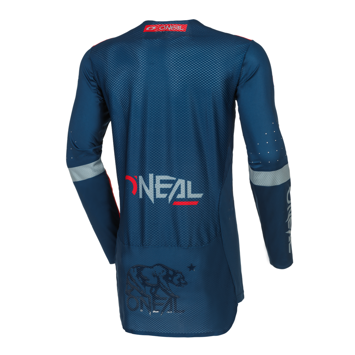 Das O'NEAL PRODIGY Jersey FIVE THREE in Blau, von hinten mit dem "O'NEAL"-Logo und einer schwarz-roten Bärengrafik, ist aus atmungsaktivem Mesh gefertigt - ideal für Bike-Abenteuer und in High-Performance-Qualität.