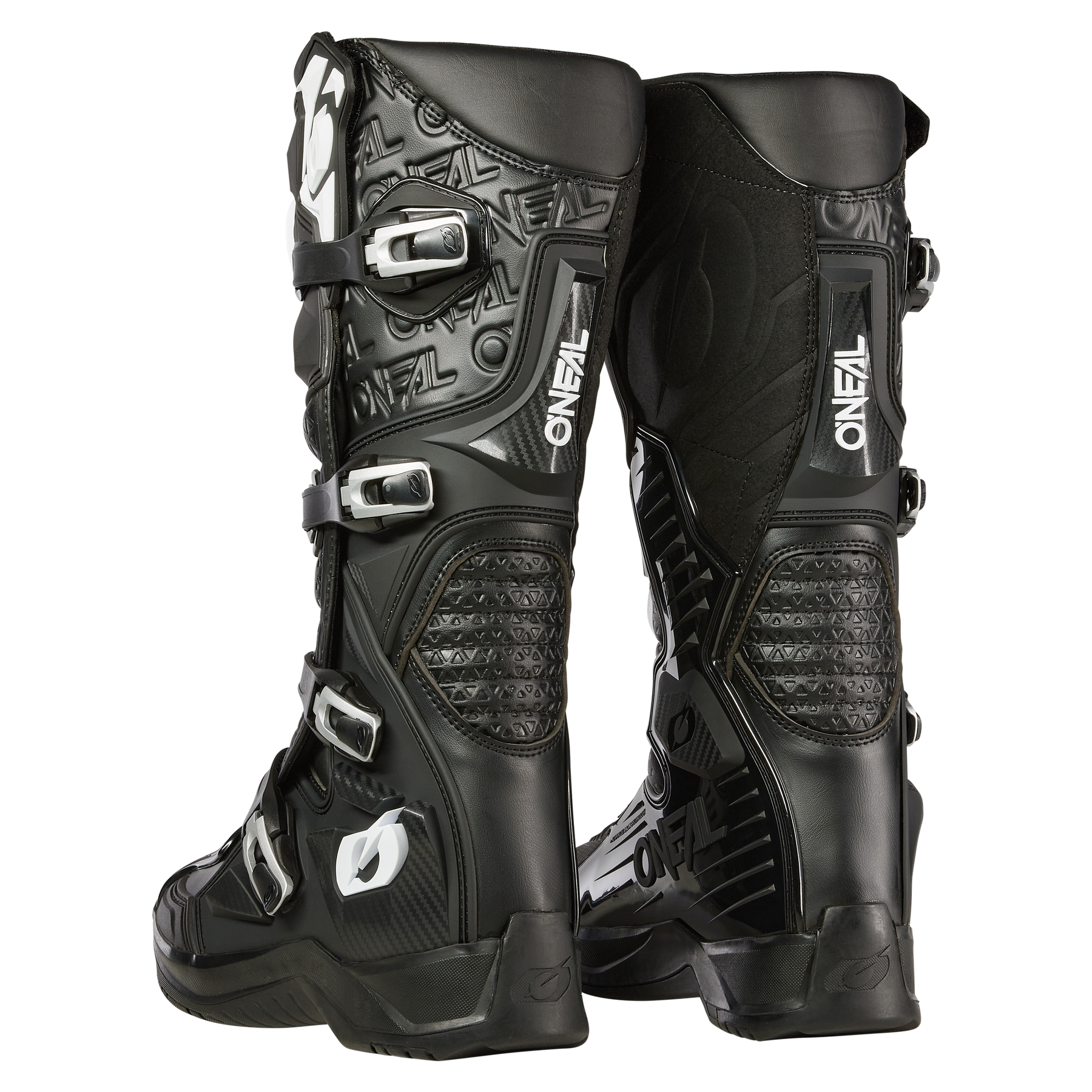 Der O'NEAL RMX PRO Stiefel - ein schwarzer Motocross-Stiefel mit strukturiertem Muster, verstellbaren Schnallen und verstärkten Einsätzen von O'NEAL - von der Seite und von hinten gesehen, perfekt für Ihr nächstes Offroad-Abenteuer.