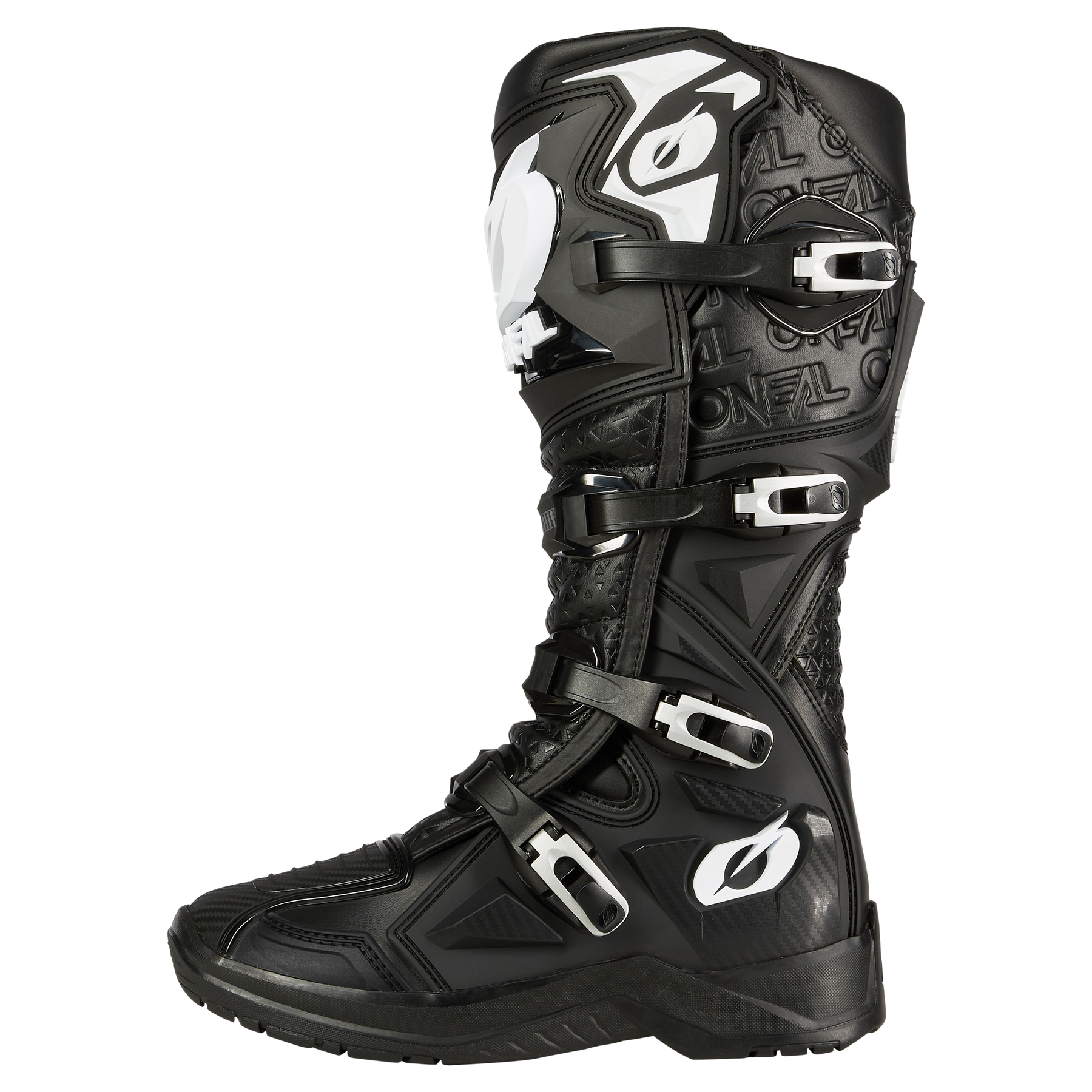 Der O'NEAL RMX PRO Stiefel ist ein schwarzer Motocross-Stiefel mit silbernen Schnallen, verstärktem Schienbeinschutz, geometrischen Mustern, auffälligen weißen O'NEAL-Logos und einer robusten Konstruktion für zuverlässigen Offroad-Schutz.