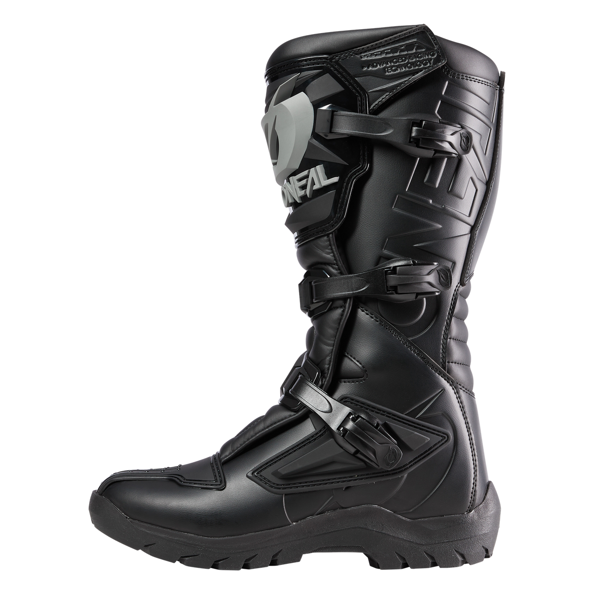 Der O'NEAL RSX Adventure Boot in Schwarz verfügt über mehrere Schnallen, eine robuste Sohle, verstärkten Schienbeinschutz und das O'NEAL-Logo auf dem Schaft - perfekt für Offroad-Stiefel-Fans und Endurofahrer.