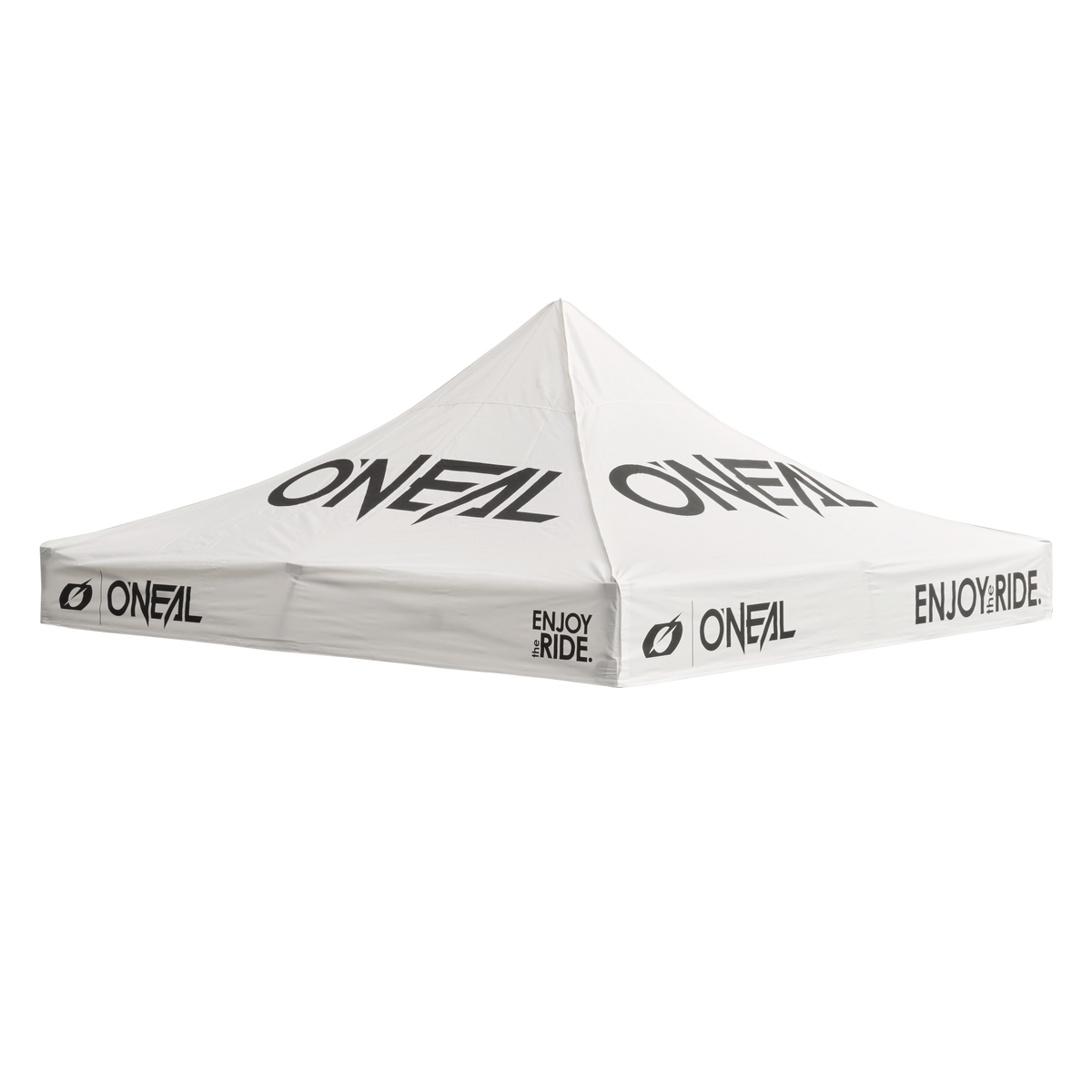 Weißes O'NEAL RACE TENT Cover mit einem Spitzdach, auf dem die Marke "O'NEAL" und der Satz "ENJOY RIDE." in schwarzer Schrift an den Seiten und auf dem Dach auf einem transparenten Hintergrund zu sehen sind.