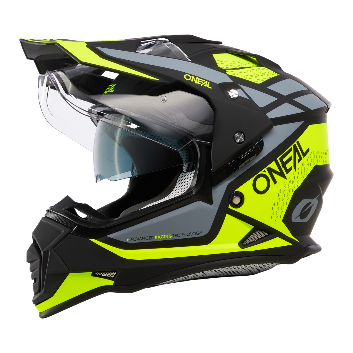 Der O'NEAL SIERRA Helm R ist ein schwarzer und neongelber Helm mit getöntem Visier, aerodynamischer Form, Belüftung und auffälligen geometrischen Mustern sowie dem O'NEAL-Logo an den Seiten und oben.