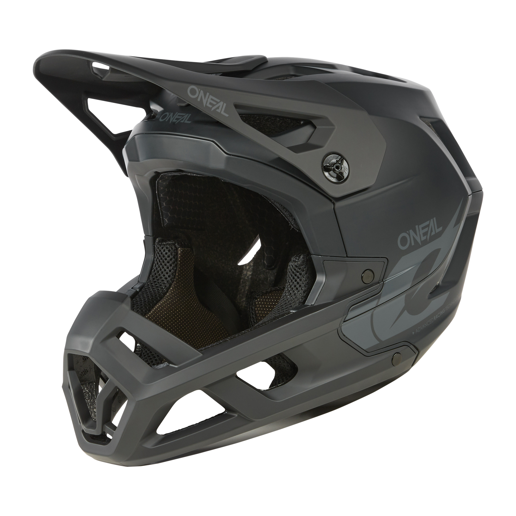 Der O'NEAL SL1 Helmet SOLID ist ein mattgrauer Fullface-Mountainbike-Helm mit Visier und eckigen Belüftungsöffnungen, der eine Top-Ausstattung und optimalen Schutz bietet und auf maximale Belüftung ausgelegt ist.