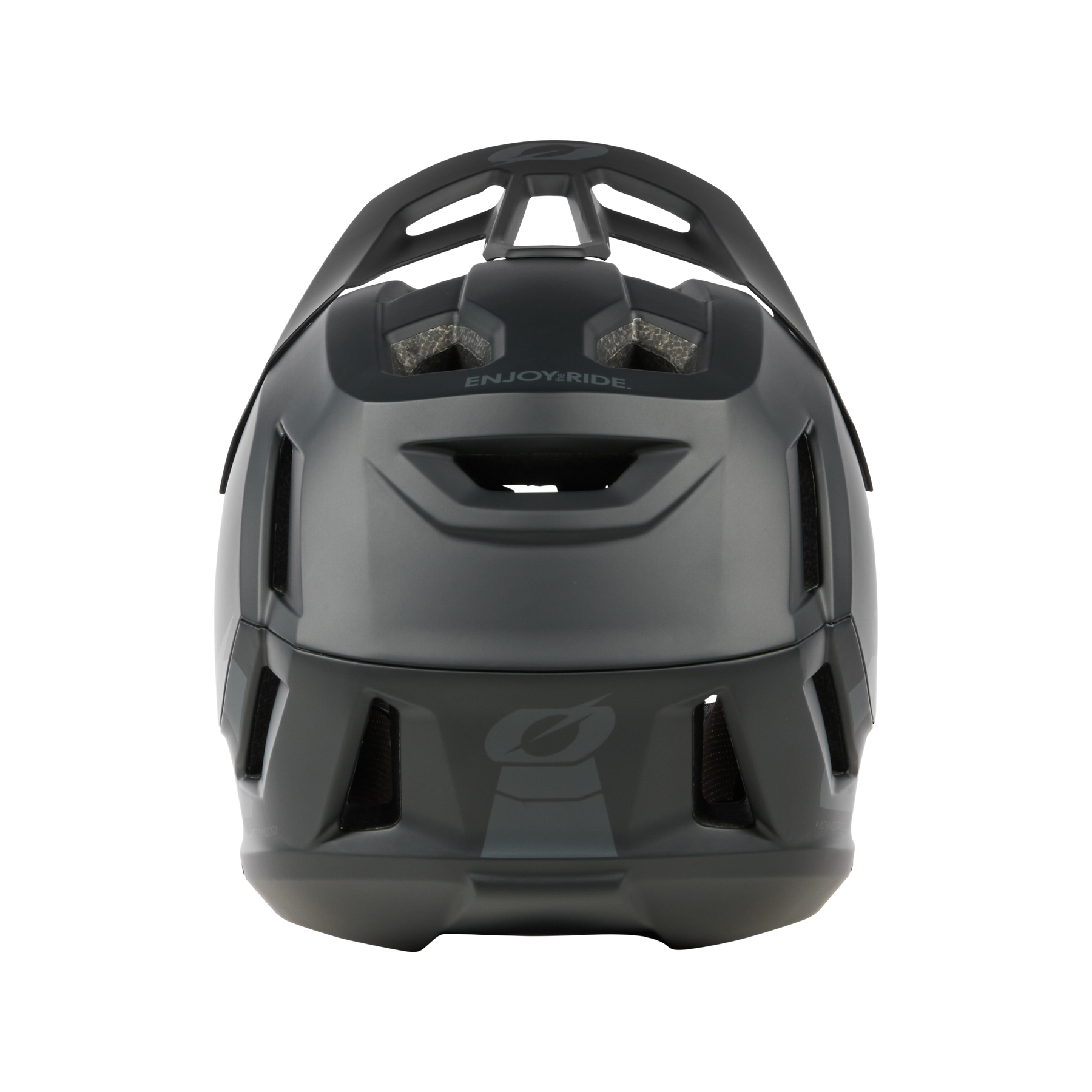 Der O'NEAL SL1 Helm SOLID in schwarz und grau, abgebildet von hinten mit Lüftungsschlitzen und einem dezenten "ENJOY RIDE"-Schriftzug über der zentralen Lüftungsöffnung-ideale Ausrüstung von O'NEAL für optimalen Schutz bei jeder Fahrt.