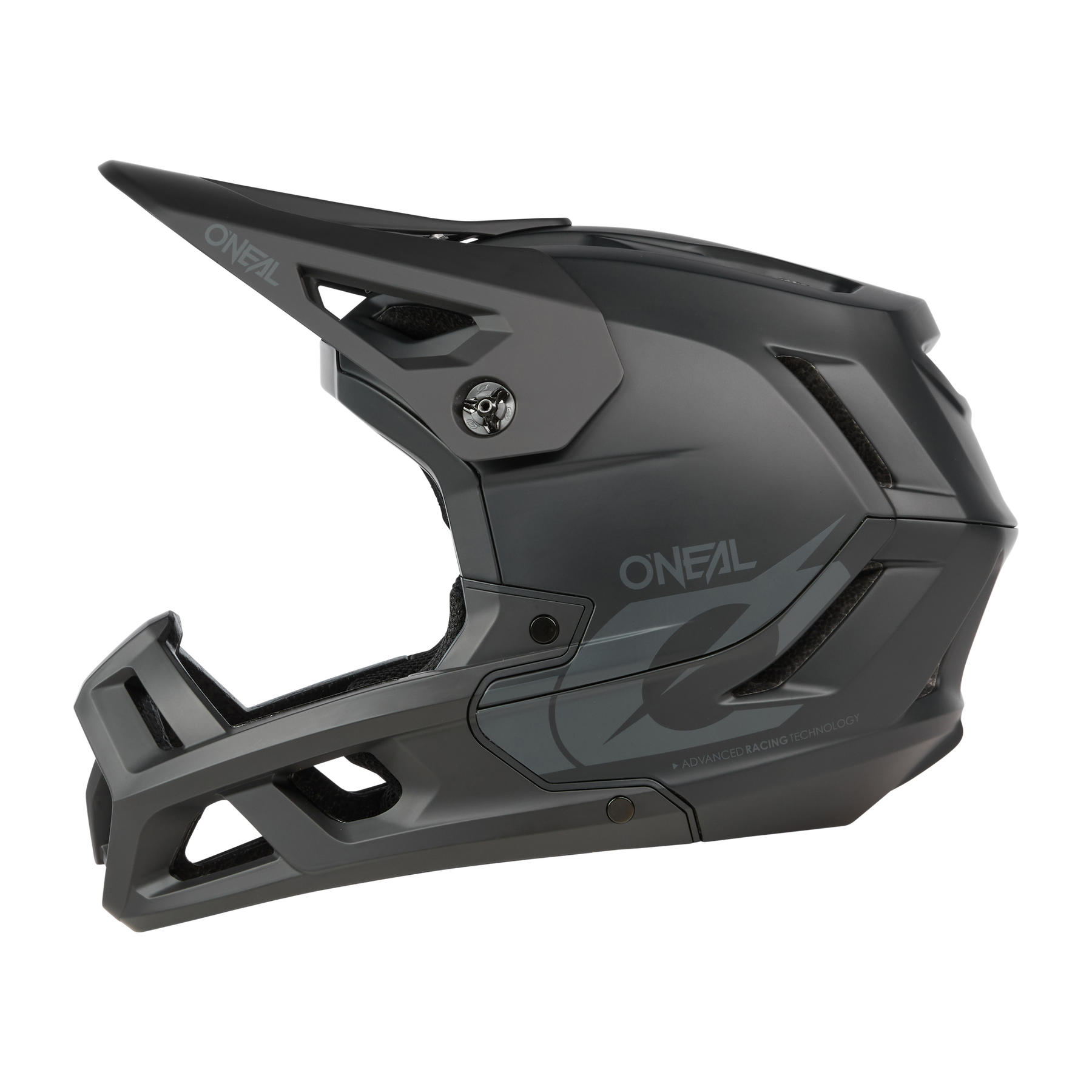 Mattschwarzer und grauer O'NEAL SL1 Helm SOLID Fullface-Mountainbike-Helm mit kantigen Belüftungsöffnungen, Visier und seitlichem "ONEAL"-Schriftzug, entwickelt für hervorragenden Schutz und Stil. Abgebildet im Profil auf einfarbigem Hintergrund.