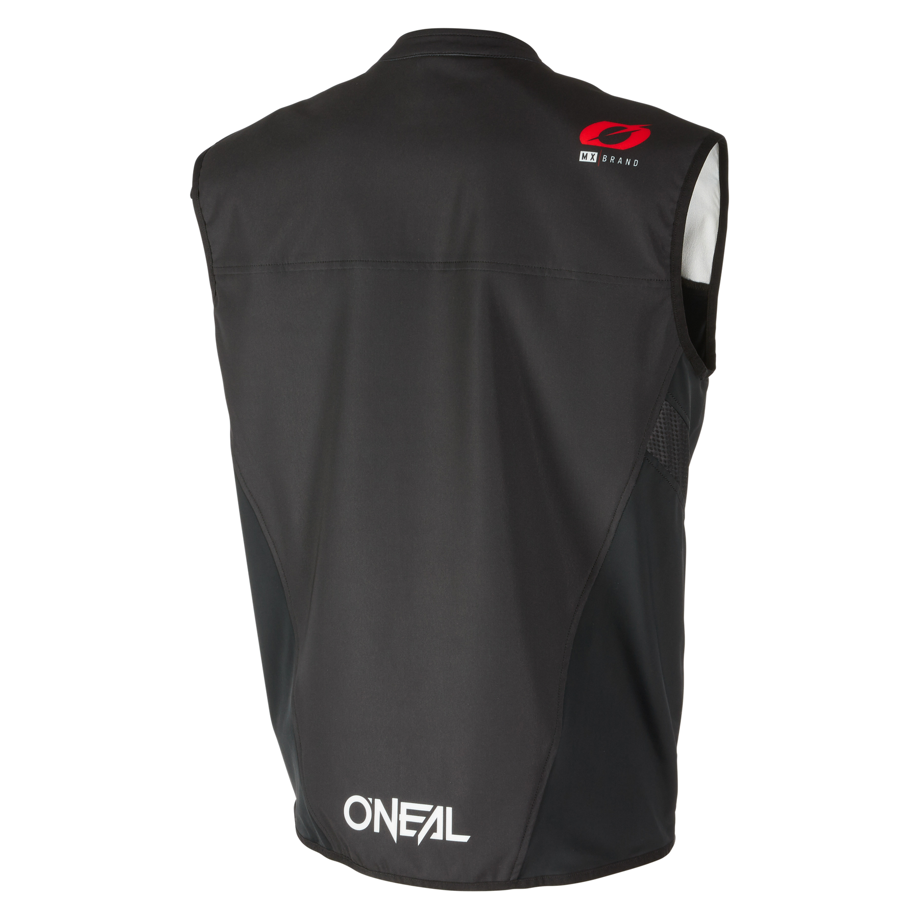 Schwarze ärmellose O'NEAL Soft Shell MX Weste, von hinten gesehen, mit weißem O'NEAL-Logo am Saum und rotem Logo auf der rechten oberen Schulter. Diese Weste ist wetterfest und verfügt über 4-Wege-Stretch für Komfort.