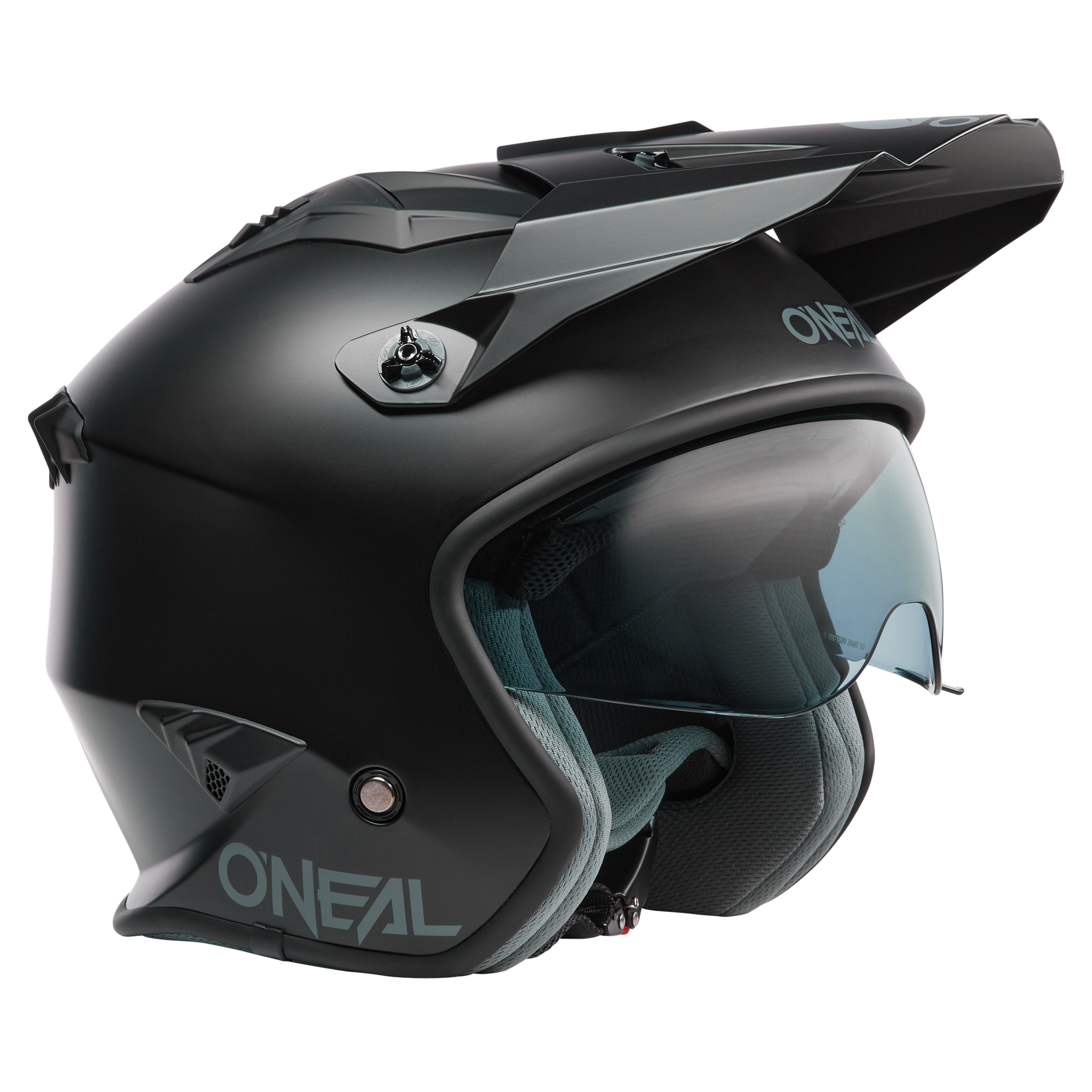 Der O'NEAL VOLT Helm SOLID Motorradhelm von O'NEAL verfügt über ein mattschwarzes Finish, ein Visier, einen integrierten getönten Gesichtsschutz, aerodynamische Belüftungsöffnungen und eine komfortable Innenpolsterung.