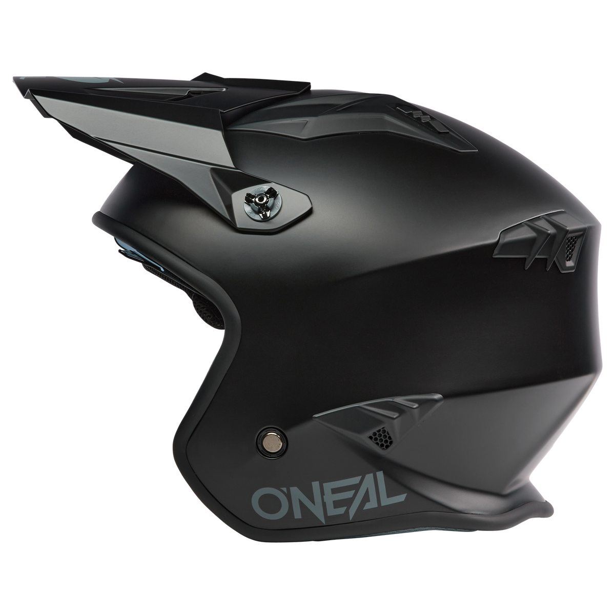 Der O'NEAL VOLT Helm SOLID ist ein mattschwarzer Fullface-Motocross-Helm mit kantigen Belüftungsƶffnungen und einem Visier, das im Seitenprofil auf weiĆem Hintergrund abgebildet ist und den typischen Stil der Marke O'NEAL widerspiegelt.