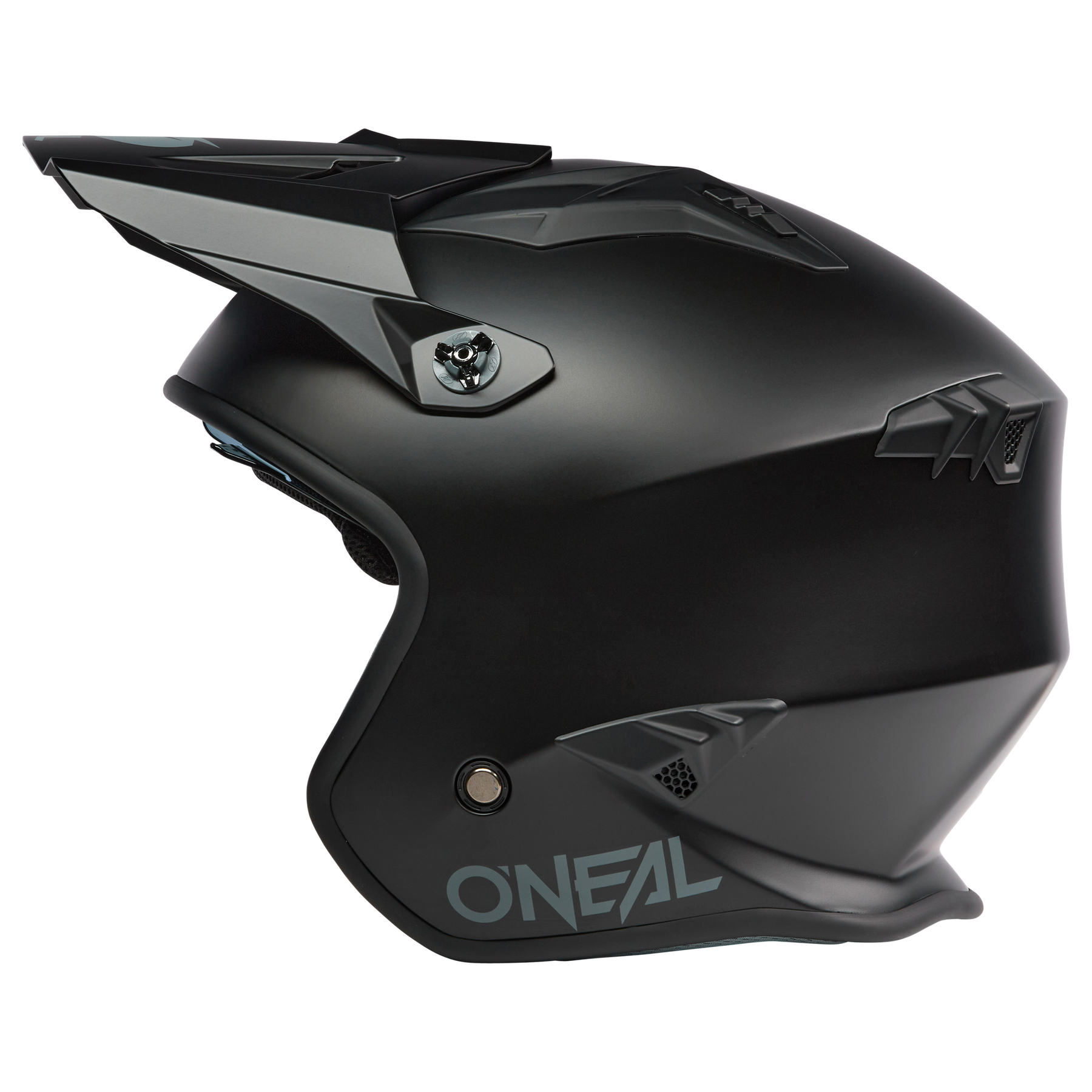 Der O'NEAL VOLT Helm SOLID ist ein mattschwarzer Fullface-Motocross-Helm mit kantigen Belüftungsöffnungen und einem Visier, das im Seitenprofil auf weißem Hintergrund abgebildet ist und den typischen Stil der Marke O'NEAL widerspiegelt.