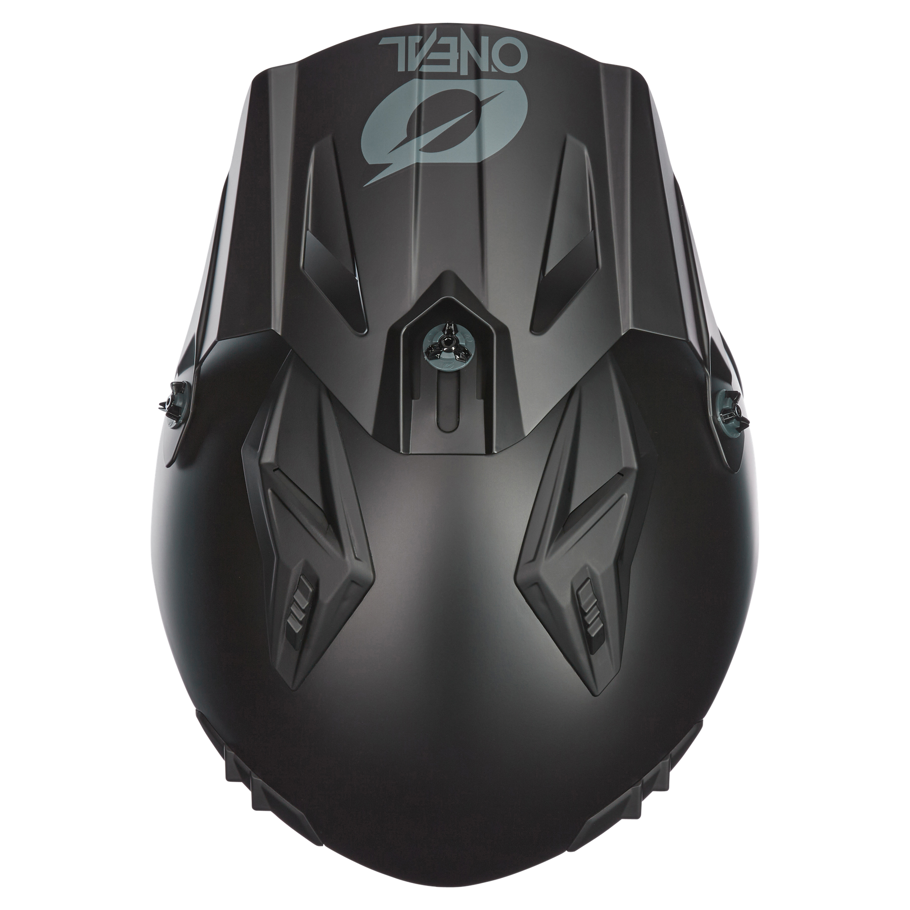 Draufsicht auf den mattschwarzen Motorradhelm O'NEAL VOLT Helm SOLID mit kantigen Belüftungsöffnungen und einem hellgrauen O'NEAL-Logo im oberen Bereich der Front.