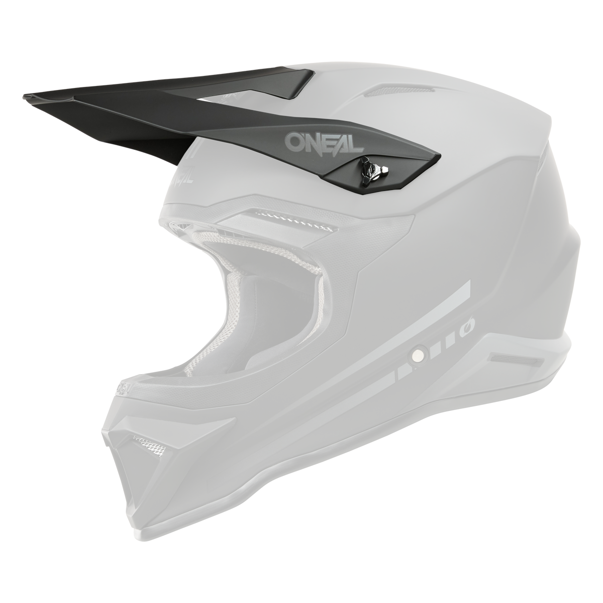 Der O'NEAL Visor 1SRS Helmet SOLID ist ein mattschwarzer Motocross-Vollvisierhelm mit Kinnschutz, grauen Details und dem O'NEAL-Logo an der Seite und oben.